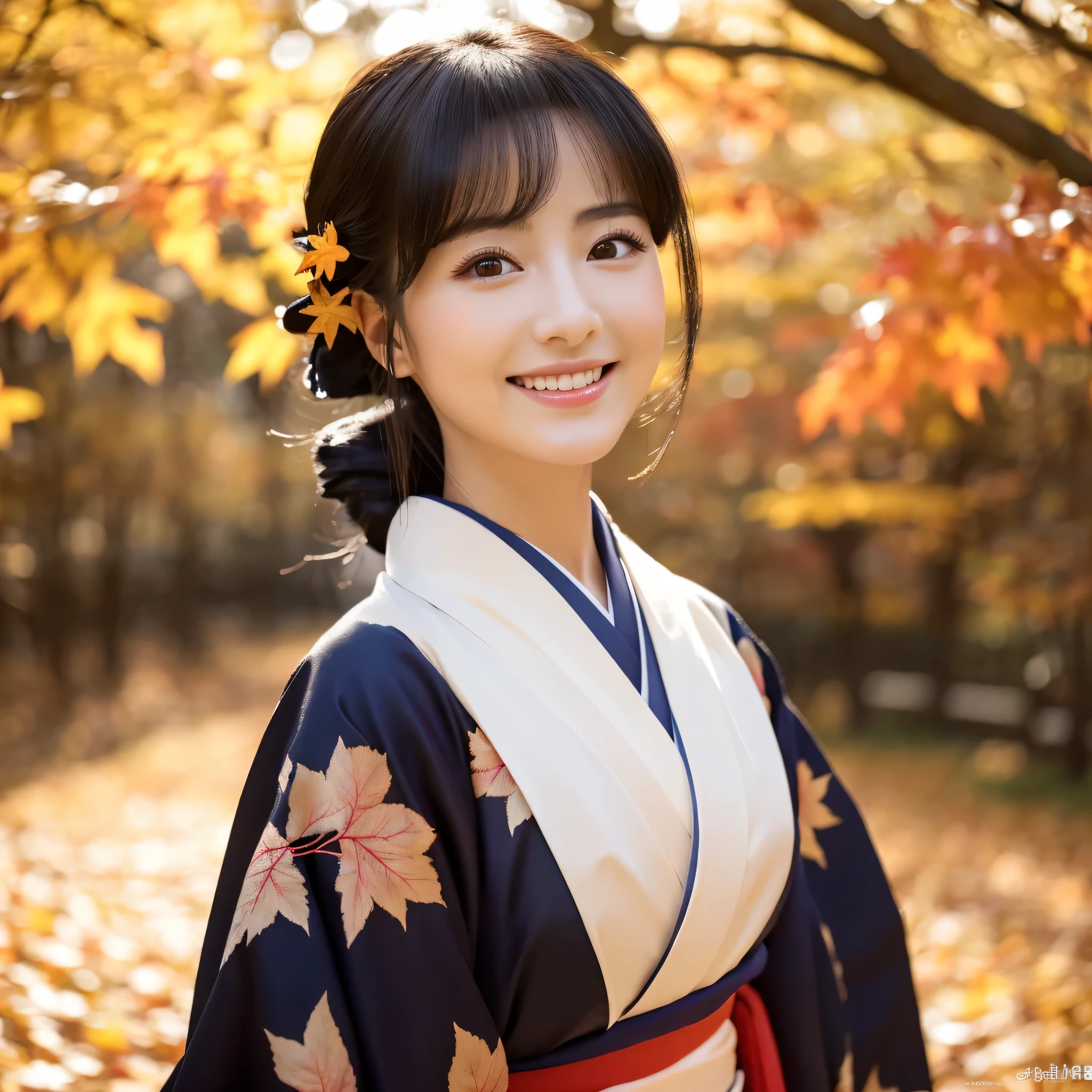 (Super beautiful woman in kimono)、((highest quality、8K masterpiece:1.3))、sharp focus:1.2、(super beautiful face:1.0)、(shiny skin:1.0)、realistic pictures、black haired、video lighting、High resolution eyes and face、video lighting、japanese actress、from the front、Medium chest、with a happy smile、wearing a kimono、under the autumn leaves、highest grade obi