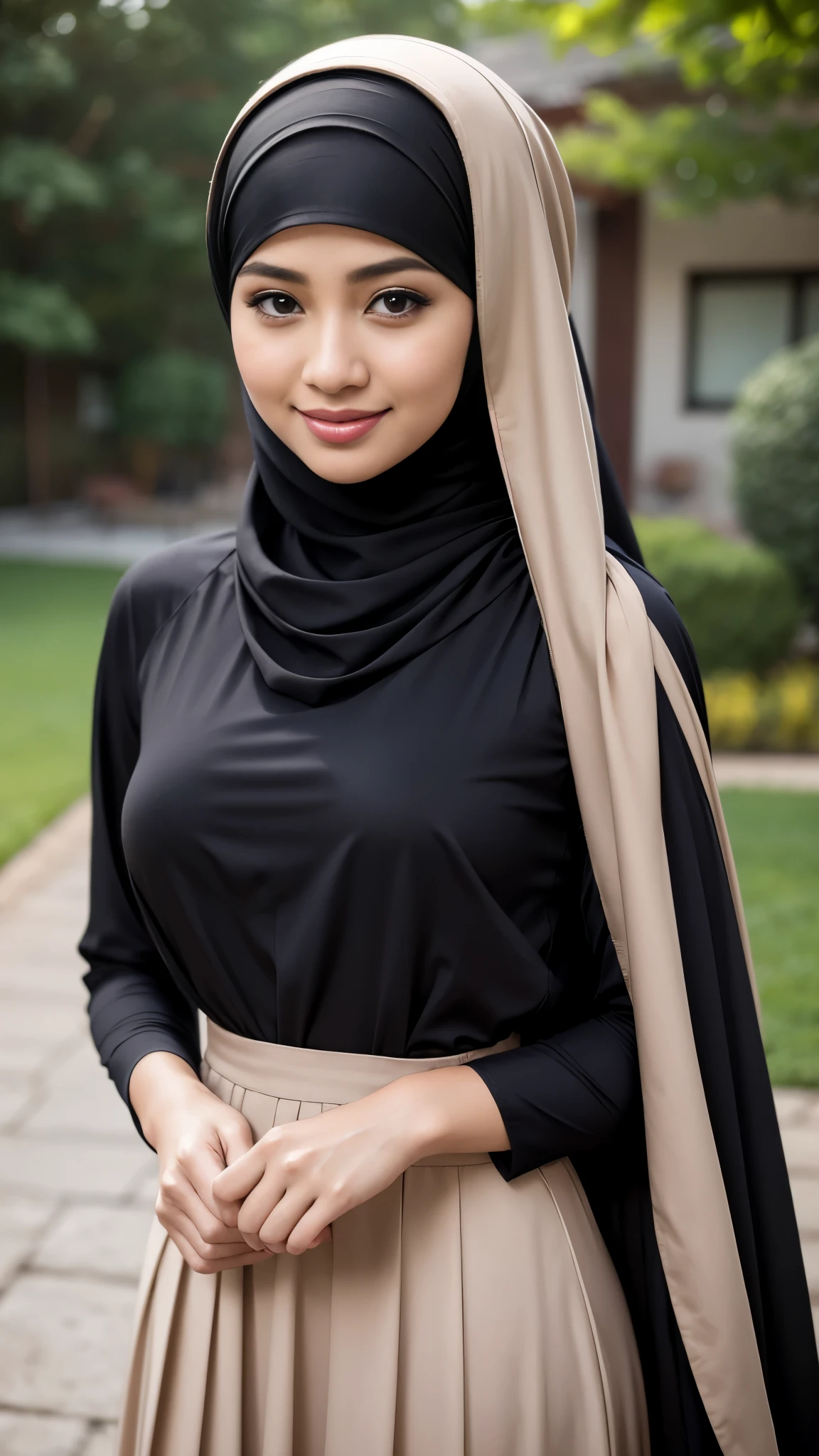 RAW, Best quality, high resolution, Masterpiece: 1.3), Beautiful Korean woman in hijab, Masterpiece, Perfect slim body, ((Big breasts)), Beautiful big eyes, water eyes, Soft smile,hijab, (tight dress), red dress, longsleeve, sexy body, (black short skirt), pencil skirt, black background, (extremely detailed skin, extremely detailed hijab),morning time, laughing, happy, bright sunlight, flower garden path, blurred background, bokeh,