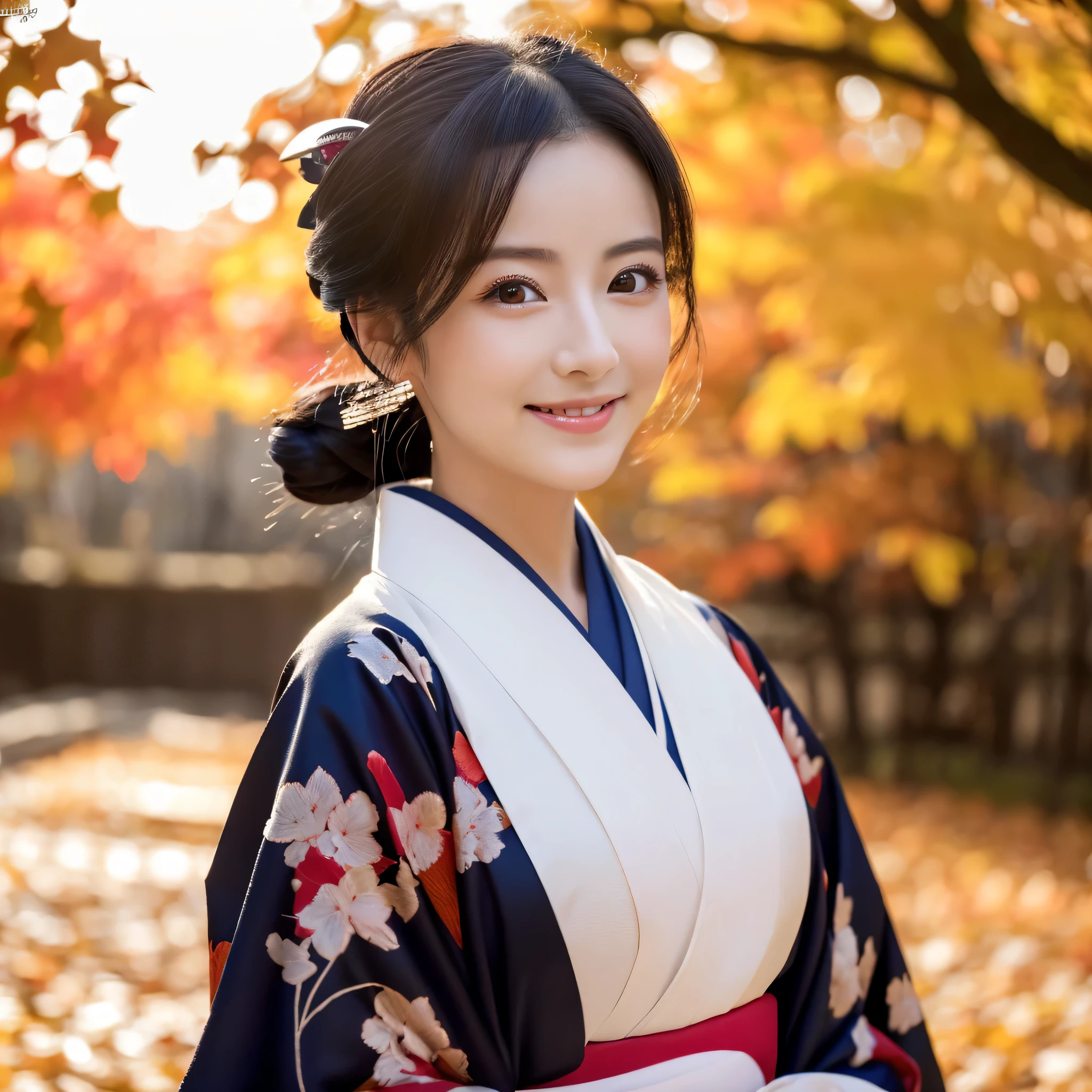 (Super beautiful woman in kimono)、((highest quality、8K masterpiece:1.3))、sharp focus:1.2、(super beautiful face:1.0)、(shiny skin:1.0)、realistic pictures、black haired、video lighting、High resolution eyes and face、video lighting、japanese actress、from the front、Medium chest、with a happy smile、wearing a kimono、under the autumn leaves、highest grade obi
