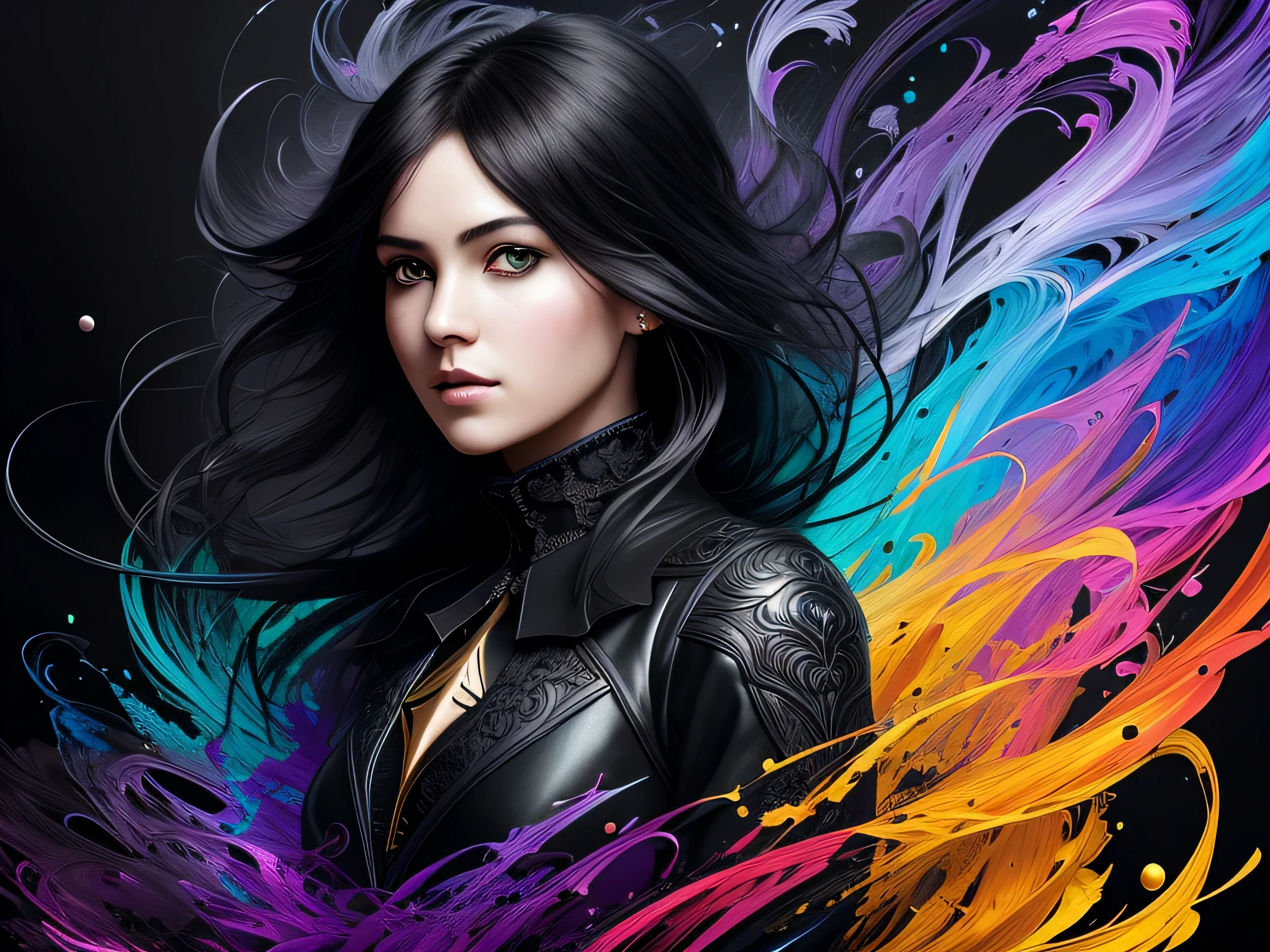 Colorful beautiful girl: a giru 28-years old, messy hair, oil painting, nice perfect face with soft skinice perfect face, blue yellow colors, light purple and violet additions, light red additions, intricate detail, splash screen, 8k resolution, masterpiece, cute face,artstation digital painting smooth veryBlack ink flow: 8k resolution photorealistic masterpiece: intricately detailed fluid gouache painting: by Jean Baptiste Mongue: calligraphy: acrylic: watercolor art, professional photography, natural lighting, volumetric lighting maximalist photoillustration: by marton bobzert:, complex, elegant, expansive, fantastical, wavy hair, vibrant, Best quality details, realistic, High definition, High quality texture, epic lighting, Cinematic film still, 8k, soft lighting, anime style, masterful playing card border, random Colorful art, oil painting, blue yellow colors, light purple and violet additions, light red additions, intricate detail, splash screen, 8k resolution, masterpiece, artstation digital painting smooth veryBlack ink flow: 8k resolution photorealistic masterpiece: intricately detailed fluid gouache painting: by Jean Baptiste Mongue: calligraphy: acrylic: watercolor art, professional photography, natural lighting, volumetric lighting maximalist photoillustration: by marton bobzert:, complex, elegant, expansive, fantastical, vibrant, ((dark plain black background:1.4))