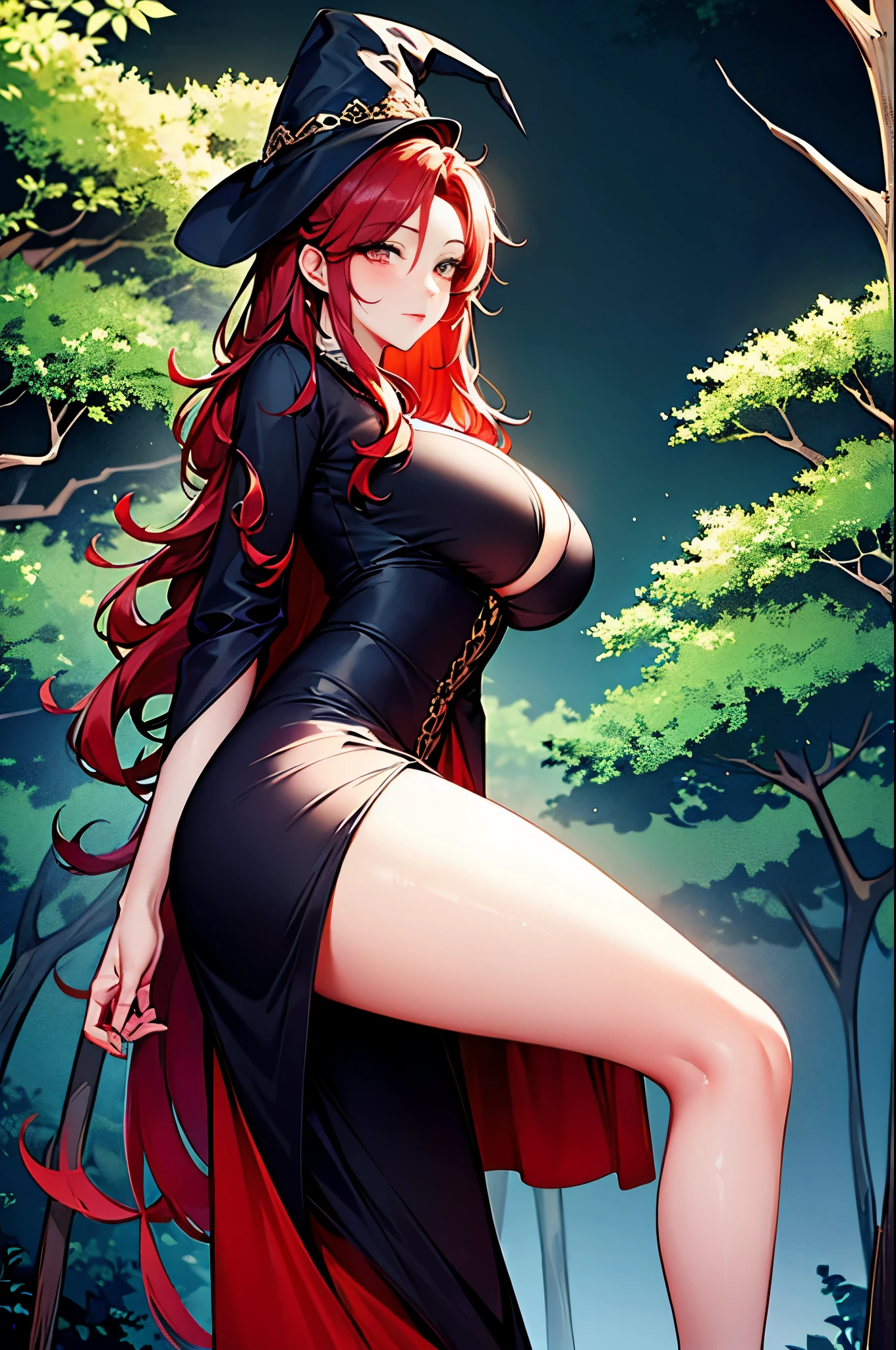 sexy style, 1 woman, mature, tall, dark red hair, long hair, straight hair with curled pontas, dark vermelhos eyes, wearing long saia dress, dark vermelho dress, dress split on the sides, showing legs, sexy legs, hat Witch on the head, red hat, mystical forest scene, perfect lighting, illustration style.