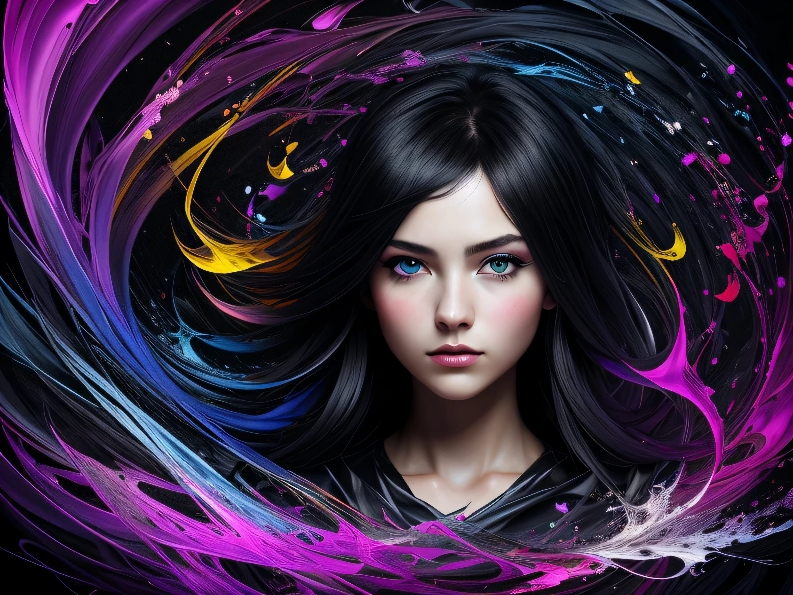 Colorful beautiful girl: a giru 28-years old, messy hair, oil painting, nice perfect face with soft skinice perfect face, blue yellow colors, light purple and violet additions, light red additions, intricate detail, splash screen, 8k resolution, masterpiece, cute face,artstation digital painting smooth veryBlack ink flow: 8k resolution photorealistic masterpiece: intricately detailed fluid gouache painting: by Jean Baptiste Mongue: calligraphy: acrylic: watercolor art, professional photography, natural lighting, volumetric lighting maximalist photoillustration: by marton bobzert:, complex, elegant, expansive, fantastical, wavy hair, vibrant, Best quality details, realistic, High definition, High quality texture, epic lighting, Cinematic film still, 8k, soft lighting, anime style, masterful playing card border, random Colorful art, oil painting, blue yellow colors, light purple and violet additions, light red additions, intricate detail, splash screen, 8k resolution, masterpiece, artstation digital painting smooth veryBlack ink flow: 8k resolution photorealistic masterpiece: intricately detailed fluid gouache painting: by Jean Baptiste Mongue: calligraphy: acrylic: watercolor art, professional photography, natural lighting, volumetric lighting maximalist photoillustration: by marton bobzert:, complex, elegant, expansive, fantastical, vibrant, ((dark plain black background:1.4))