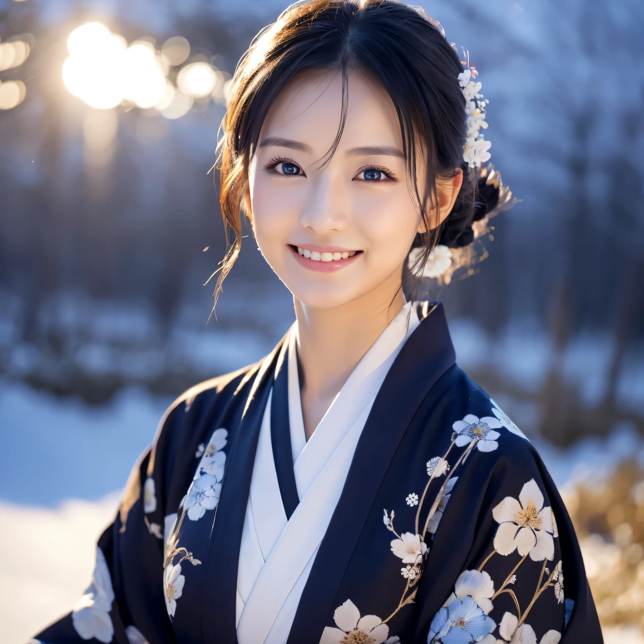 (Super beautiful woman in kimono)、((highest quality、8K masterpiece:1.3))、sharp focus:1.2、(super beautiful face:1.0)、(shiny skin:1.0)、realistic pictures、black hair、video lighting、High resolution eyes and face、video lighting、japanese actress、from the front、Medium chest、with a happy smile、Slender abs beauty、whole body、wearing a kimono、In the snowy landscape of midwinter、highest grade obi