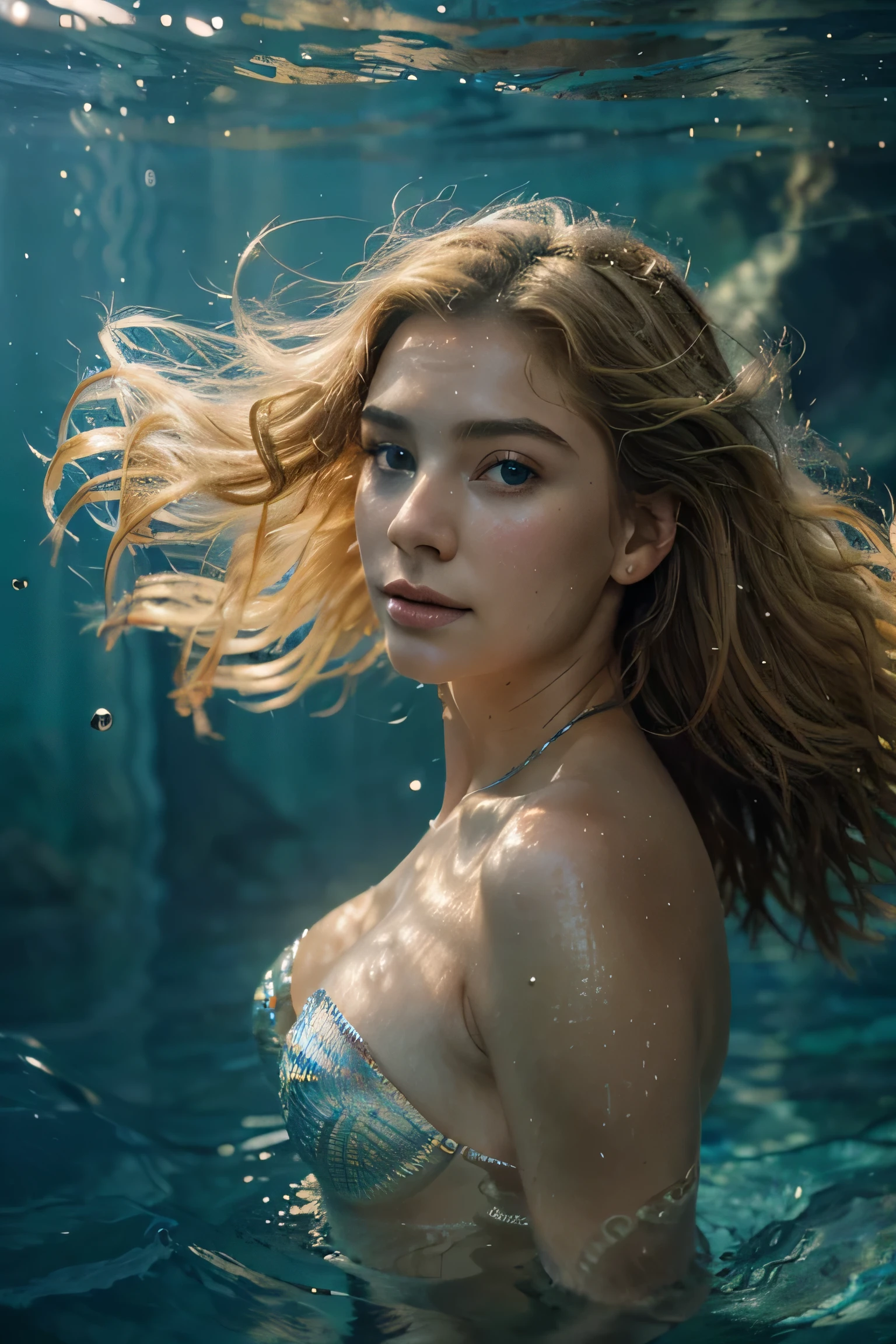 (best quality,4k,8k,highres,masterpiece:1.2),ultra-detailed,(realistic,photorealistic,photo-realistic:1.37),underwater scene,beautiful female mermaid,emerging from water,blonde hair,ethereal glow,sparkling scales,deep blue ocean background,gentle sunlight filtering through the water,ocean waves gently caressing her,subtle sea creatures swimming around her,serene expression,graceful swimming motion,vibrant colors,mythical creature magic,meticulously painted details,dramatic lighting.