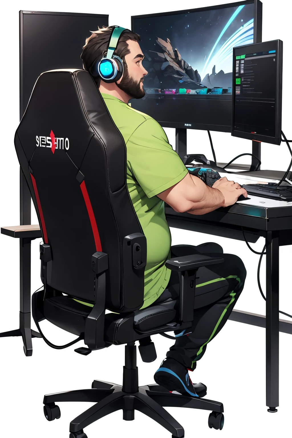 no text cartoon style, god like skiny fat British man with a big black beard wearing astro a40 headset sat in a gaming chair with and a gaming pc in the background has legs