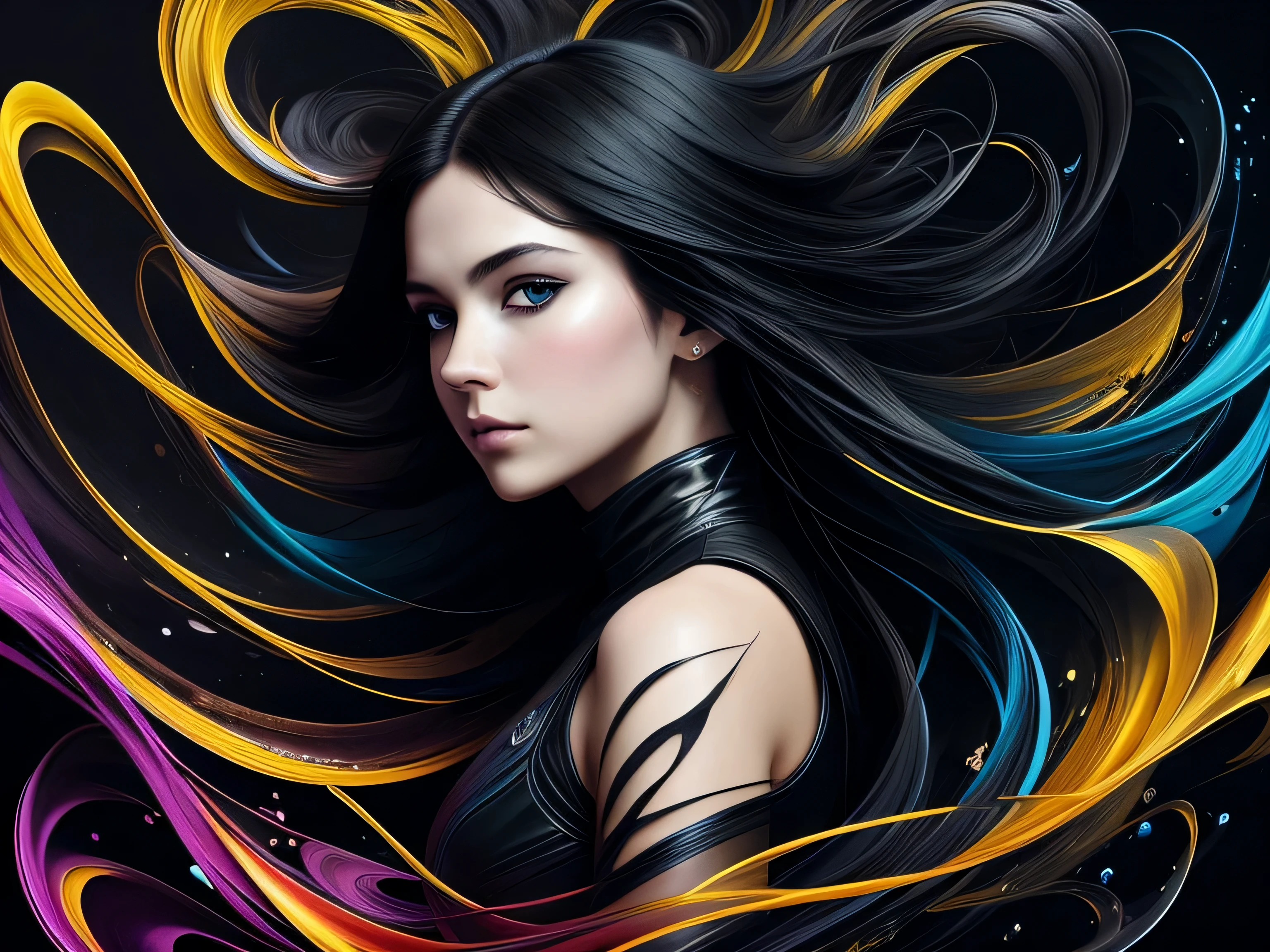 Colorful beautiful girl: a giru 28-years old, messy hair, oil painting, nice perfect face with soft skinice perfect face, blue yellow colors, light purple and violet additions, light red additions, intricate detail, splash screen, 8k resolution, masterpiece, cute face,artstation digital painting smooth veryBlack ink flow: 8k resolution photorealistic masterpiece: intricately detailed fluid gouache painting: by Jean Baptiste Mongue: calligraphy: acrylic: watercolor art, professional photography, natural lighting, volumetric lighting maximalist photoillustration: by marton bobzert:, complex, elegant, expansive, fantastical, wavy hair, vibrant, Best quality details, realistic, High definition, High quality texture, epic lighting, Cinematic film still, 8k, soft lighting, anime style, masterful playing card border, random Colorful art, oil painting, blue yellow colors, light purple and violet additions, light red additions, intricate detail, splash screen, 8k resolution, masterpiece, artstation digital painting smooth veryBlack ink flow: 8k resolution photorealistic masterpiece: intricately detailed fluid gouache painting: by Jean Baptiste Mongue: calligraphy: acrylic: watercolor art, professional photography, natural lighting, volumetric lighting maximalist photoillustration: by marton bobzert:, complex, elegant, expansive, fantastical, vibrant, ((dark plain black background:1.4))