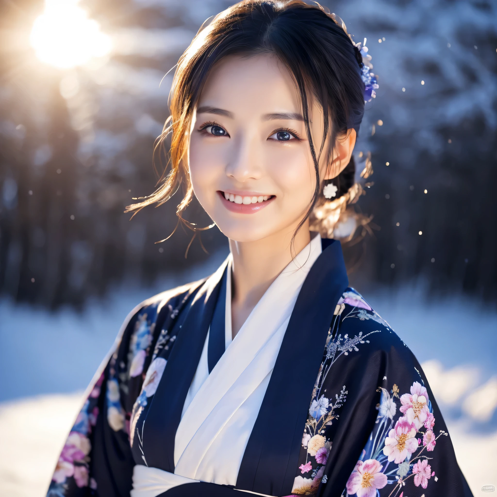 (Super beautiful woman in kimono)、((highest quality、8K masterpiece:1.3))、sharp focus:1.2、(super beautiful face:1.0)、(shiny skin:1.0)、realistic pictures、black hair、video lighting、High resolution eyes and face、video lighting、japanese actress、from the front、Medium chest、with a happy smile、Slender abs beauty、whole body、wearing a kimono、In the snowy landscape of midwinter、highest grade obi