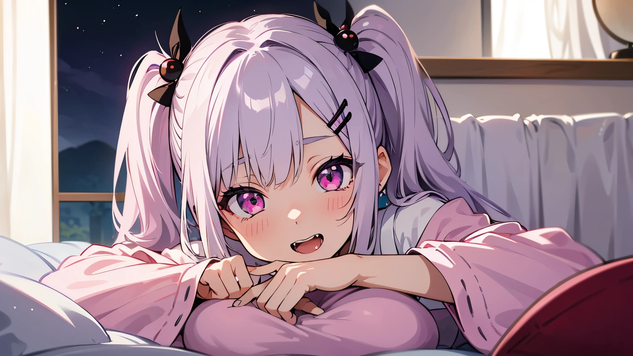 one girl, very beautiful face, beautiful eyes, detailed eyes, detailed face, detailed hair, masterpiece, anime girl, pink eyes, silver hair, , kawaii, two pony tails, hair pins, hair accessories, very young, big boobs, pixiv, illustration, very high quality, masterpiece, vampire teeth, fangs, pink cheeks, looks at you, in cute room, in bed, night time, laying down, seductive