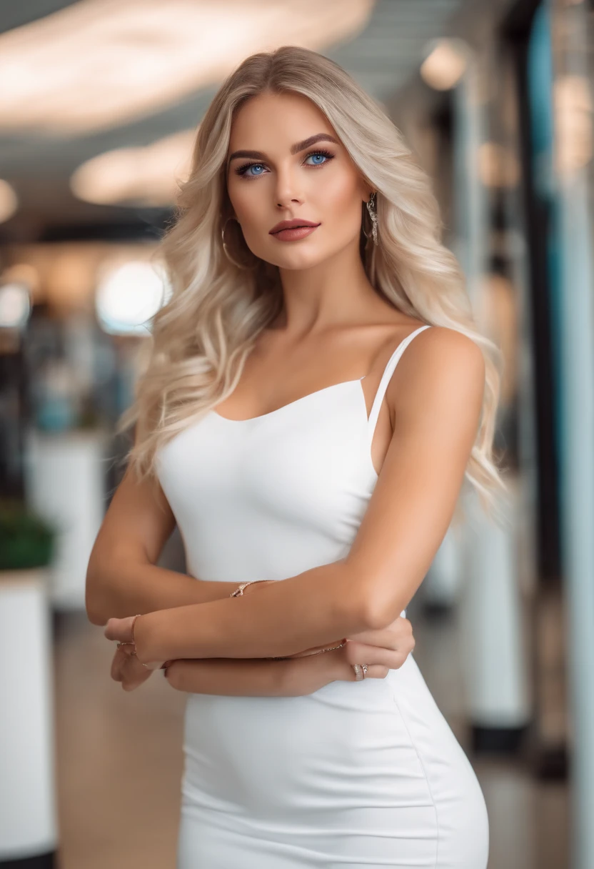 realistic white female instagram influencer, best quality, blonde, 1 girl, blue eyes, in white tight short dress at the mall
