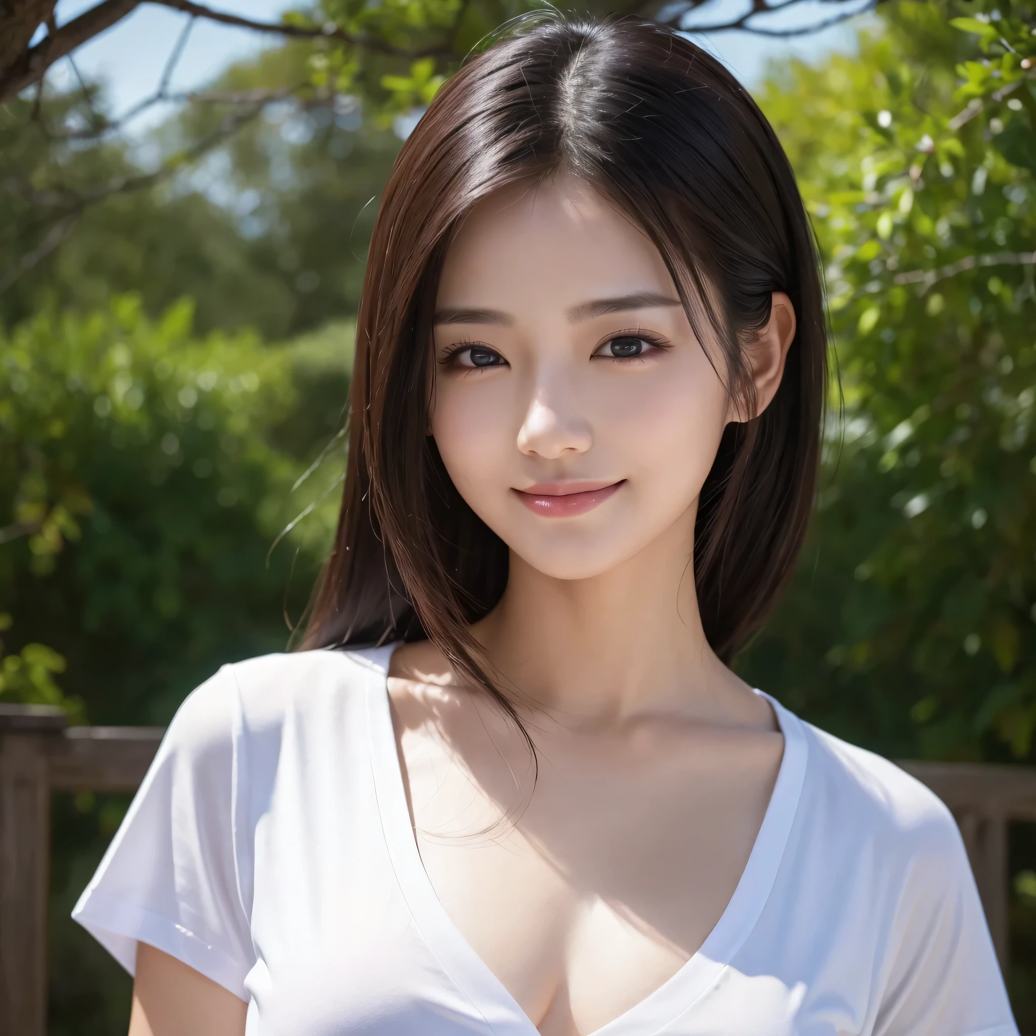 one beautiful woman、((best quality、8K masterpiece:1.3))、sharp focus:1.2、(super beautiful face:1.0)、(shiny skin:1.0)、realistic pictures、black hair、video lighting、High-definition eyes and face、video lighting、japanese actress、from the front、medium chest、shy smile、Slender abs beauty、whole body、Kanji for Japan「like」Wearing a T-shirt、At the shrine
