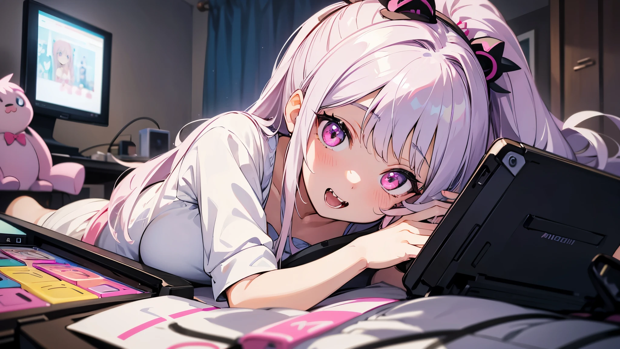 one girl, very beautiful face, beautiful eyes, detailed eyes, detailed face, detailed hair, masterpiece, anime girl, pink eyes, silver hair, , kawaii, two pony tails, hair pins, hair accessories, very young, big boobs, pixiv, illustration, very high quality, masterpiece, vampire teeth, fangs, pink cheeks, looks at you, in cute room, gaming, playing video games, very shy, night time, video games, pc