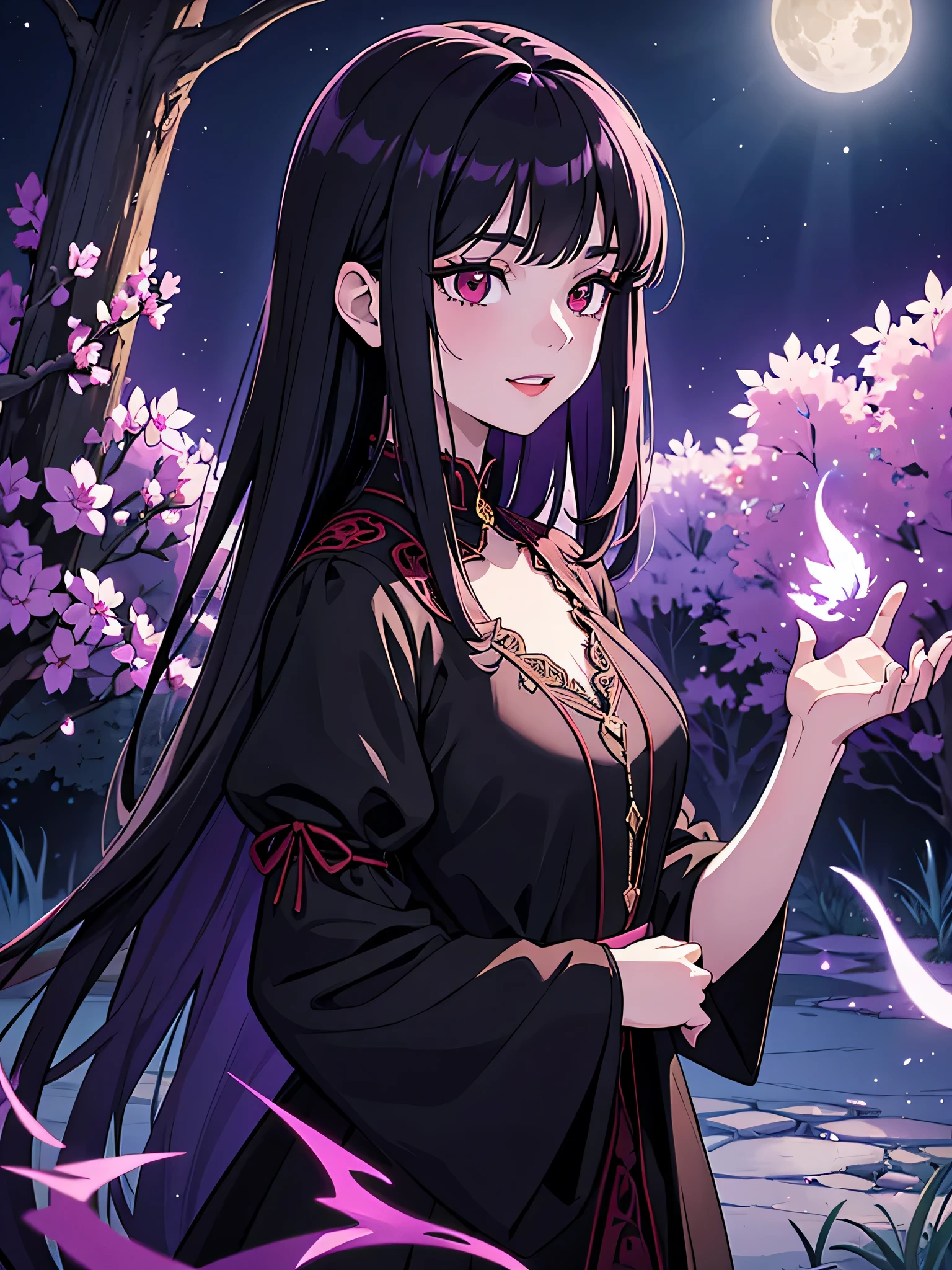 (bright, vibrant) A girl in a garden, (oil painting) with lush greenery and colorful flowers, (mysterious, alluring) exuding an aura of enchantment and intrigue. The girl has (pale, porcelain) skin, perfect porcelain skin, (long, flowing) (raven, black) hair, and (deep, penetrating) (crimson, red) eyes that glow like rubies. She wears a (elegant, flowing) dress in (dark, majestic) shades of (purple, violet) and (red, scarlet), with intricate lace details and (delicate, intricate) embroidery. Her lips are (blood-red, seductive), with a hint of a smile that conveys both power and vulnerability. She stands with a confident yet graceful posture, (slightly tilted, revealing) her sharp, (gleaming, pearl-white) fangs. In the background, there is a (full, silver) moon shining through the branches of an ancient tree, casting a (mystical, ethereal) glow over the garden. The scene is bathed in (pale, moonlit) (blue, lavender) hues, creating an atmosphere of both darkness and beauty. The (silvery, soft) light illuminates the girl's face, accentuating her features and giving her an otherworldly appearance. It captures the moment just before the vampire girl takes flight, with her black wings (unfurled, majestic) against the night sky. The overall (high resolution, detailed) quality of the artwork is (captivating, breathtaking), with (subtle, intricate) brushstrokes that bring depth and dimension to the image. The colors are (rich, vibrant), with a mix of (deep, intense) shadows and (bright, bold) highlights, giving the painting a sense of realism and drama. The overall composition is balanced and visually striking, with a focus on the girl as the central figure, surrounded by the beauty and mystery of the garden. The artwork combines elements of fantasy, gothic, and romantic styles, creating a unique and captivating visual experience.