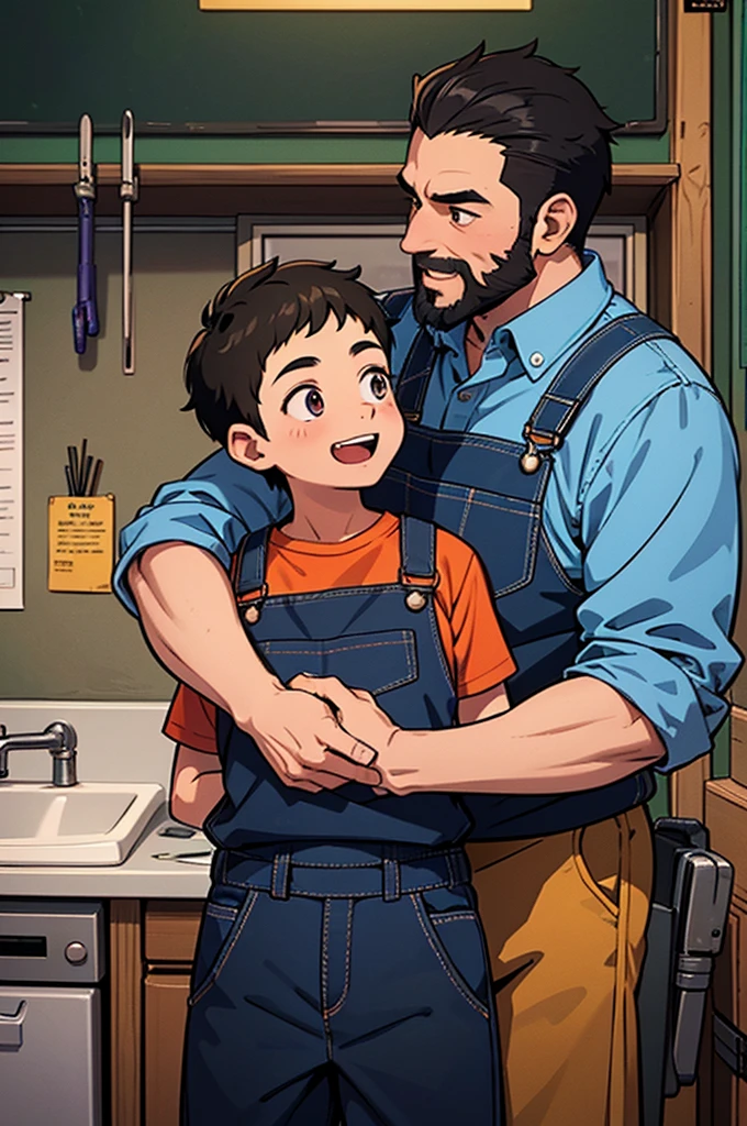 a ((MALE CHILD)) and a ((ADULT)) of 48 years with a black beard hugging together like brothers, the arm goes over the shoulders ((turning his back)) looking at the horizon in a mechanics workshop from a hill in work overalls with work tools. The image must express joy, happiness, warmth, laugh out loud, its profile is sideways ((high quality)) ((definition)), vivid colors and deep details ((HDR)) type ((COMIC))