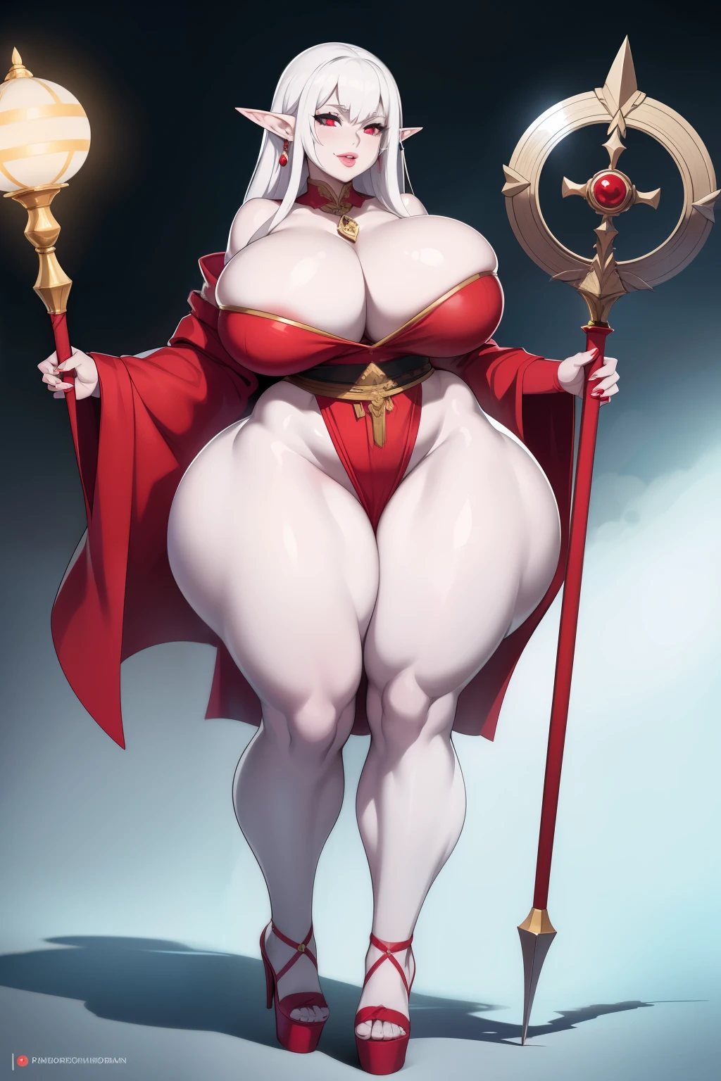 1girl, (((bimbo))), gray skin, long white hair, red eyes, elf ears,ear rings, puffy lips, painted lips, thick lips, wide hips, thick thighs, enormous breasts, huge ass, revealing cleavage, erotic Smile face, bubble butt, Breasts, revealing robes, High heels, staff in hand