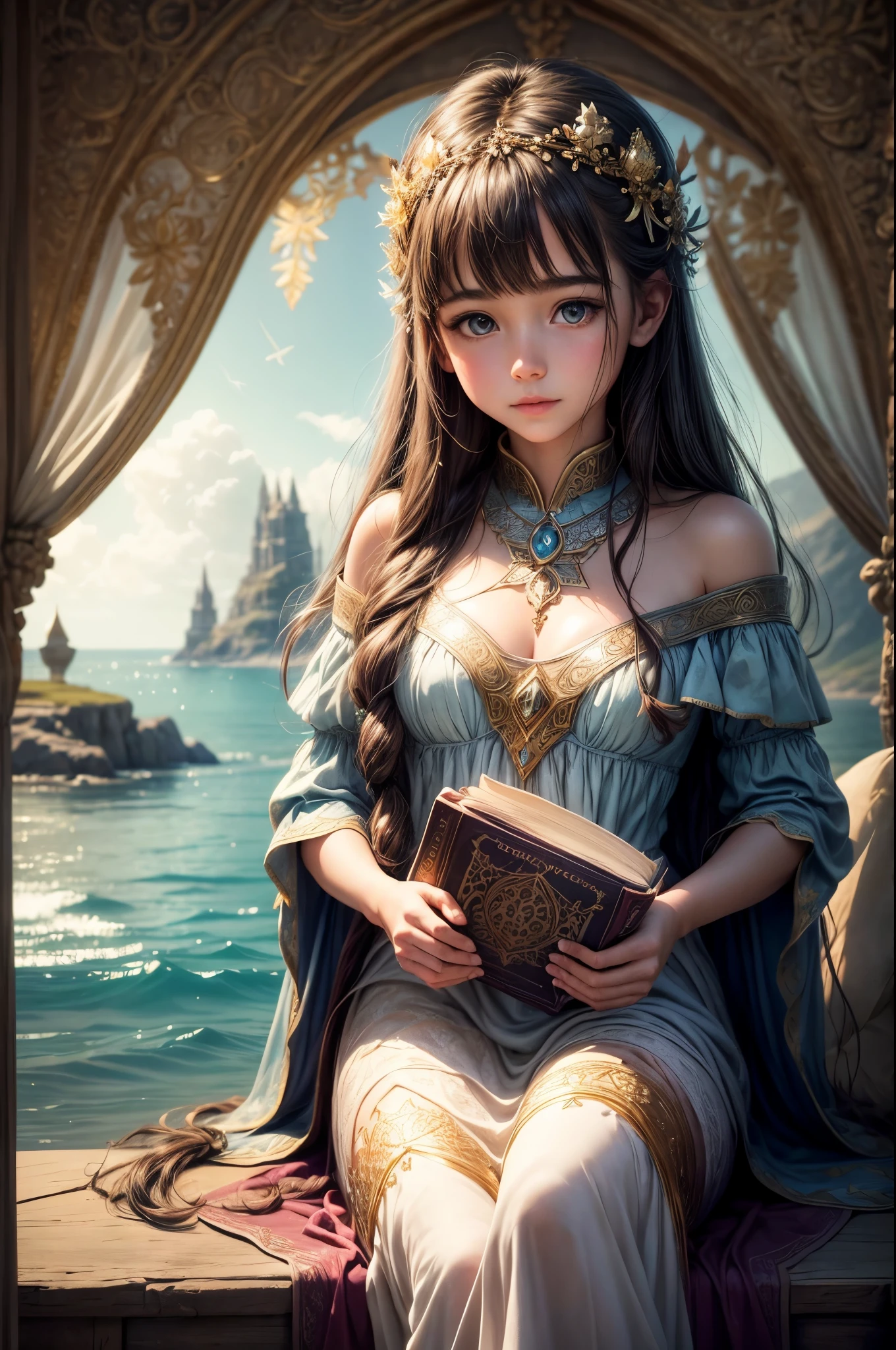 "A realistic photograph of a girl, adorned in enchanting attire, holding an ancient-looking book against the backdrop of a serene seascape. The magic in the air is palpable, accentuated by the soft play of light and shadow. The image merges fantasy and reality, making it an ideal cover for a magical adventure novel."