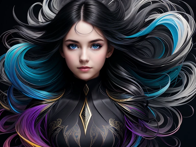 Colorful beautiful girl: a giru 28-years old, messy hair, oil painting, nice perfect face with soft skinice perfect face, blue yellow colors, light purple and violet additions, light red additions, intricate detail, splash screen, 8k resolution, masterpiece, cute face,artstation digital painting smooth veryBlack ink flow: 8k resolution photorealistic masterpiece: intricately detailed fluid gouache painting: by Jean Baptiste Mongue: calligraphy: acrylic: watercolor art, professional photography, natural lighting, volumetric lighting maximalist photoillustration: by marton bobzert:, complex, elegant, expansive, fantastical, wavy hair, vibrant, Best quality details, realistic, High definition, High quality texture, epic lighting, Cinematic film still, 8k, soft lighting, anime style, masterful playing card border, random Colorful art, oil painting, blue yellow colors, light purple and violet additions, light red additions, intricate detail, splash screen, 8k resolution, masterpiece, artstation digital painting smooth veryBlack ink flow: 8k resolution photorealistic masterpiece: intricately detailed fluid gouache painting: by Jean Baptiste Mongue: calligraphy: acrylic: watercolor art, professional photography, natural lighting, volumetric lighting maximalist photoillustration: by marton bobzert:, complex, elegant, expansive, fantastical, vibrant, ((dark plain black background:1.4))