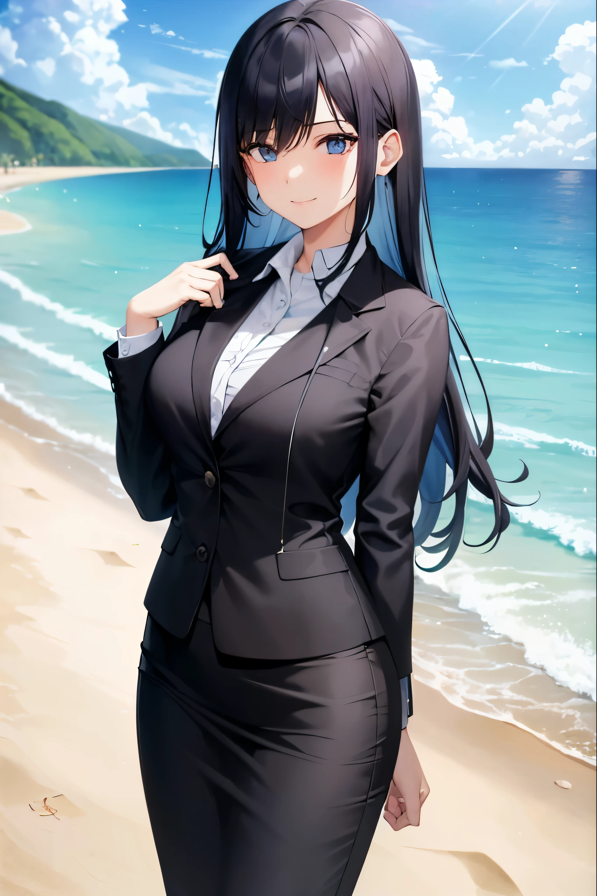 1girl, suit, beach background, office lady, black skirt, black blazer, pencil skirt, long hair, blue hair, light blue eyes, short smile, teenager,