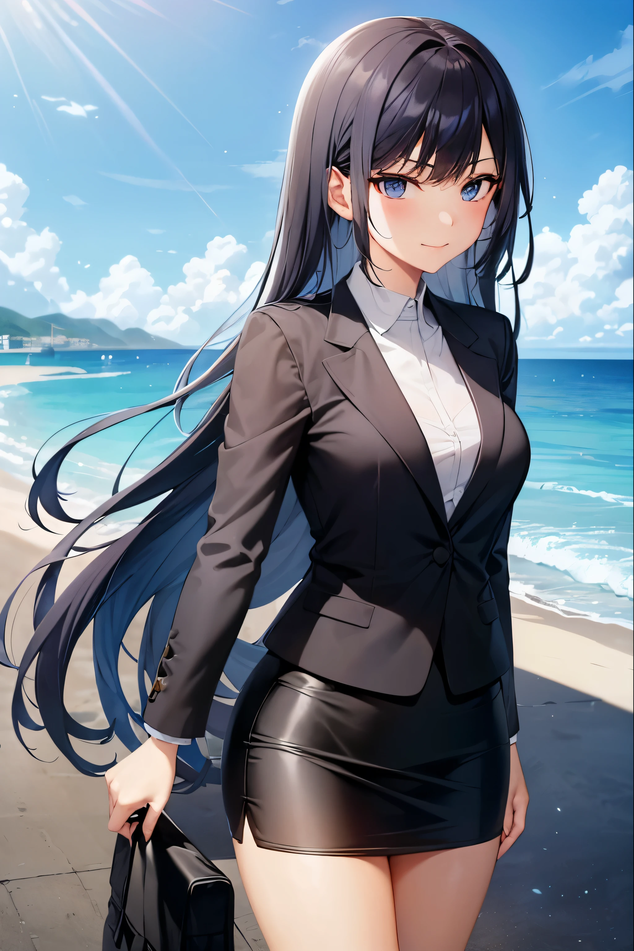 1girl, suit, beach background, office lady, black skirt, black blazer, pencil skirt, long hair, blue hair, light blue eyes, short smile, teenager,