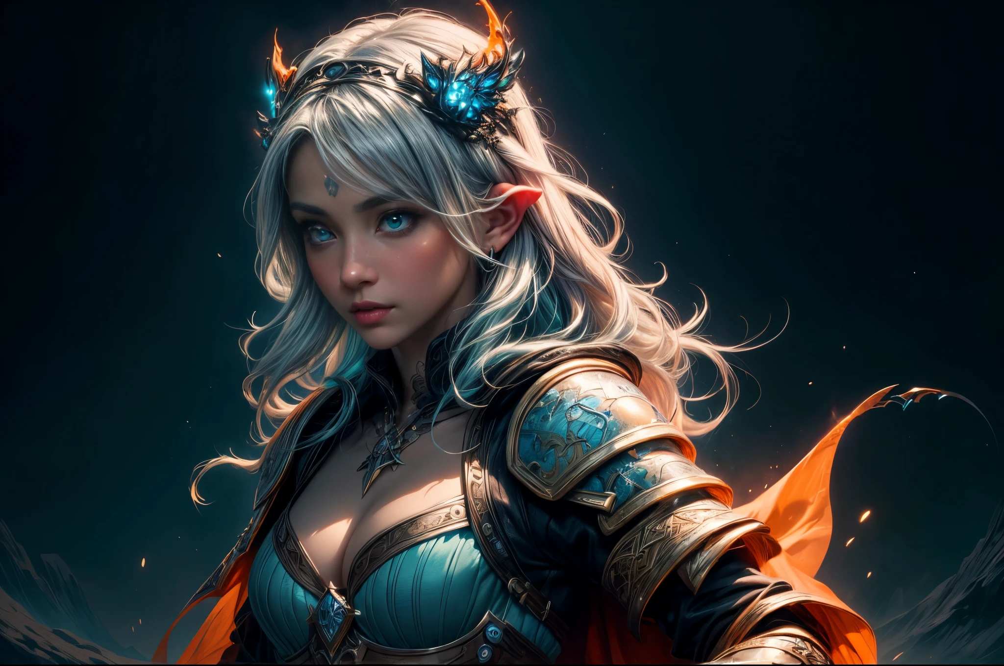 fantasy art, dnd art, RPG art, wide shot, (masterpiece: 1.4) portrait, intense details, highly detailed, photorealistic, best quality, highres, portrait a vedalken female (fantasy art, Masterpiece, best quality: 1.3) ((blue skin: 1.5)), intense details facial details, exquisite beauty, (fantasy art, Masterpiece, best quality) cleric, (blue colored skin: 1.5), blue skinned female, (white hair: 1.3), long hair, intense green eye, ((no ears: 1.6)), fantasy art, Masterpiece, best quality) armed a fiery sword red fire, wearing heavy (white: 1.3) half plate mail armor, wearing high heeled laced boots, wearing an(orange :1.3) cloak, wearing glowing holy symbol GlowingRunes_yellow, within fantasy temple background, reflection light, high details, best quality, 16k, [ultra detailed], masterpiece, best quality, (extremely detailed), close up, ultra wide shot, photorealistic, RAW, fantasy art, dnd art, fantasy art, realistic art,((best quality)), ((masterpiece)), (detailed), perfect face