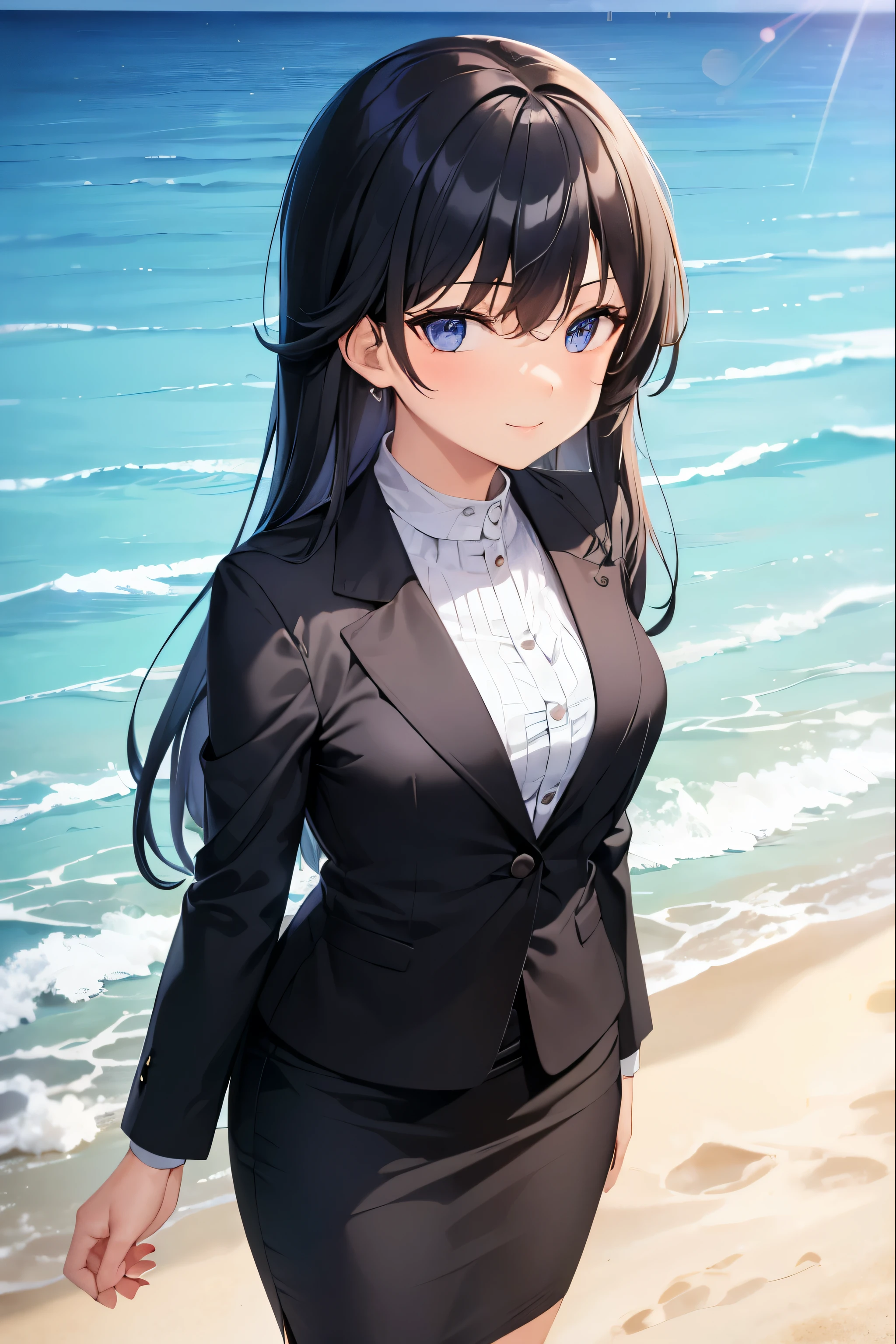 1girl, suit, beach background, office lady, black skirt, black blazer, pencil skirt, long hair, blue hair, light blue eyes, short smile, teenager,