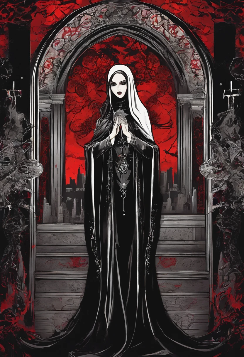 (sexy gothic demonic nun), dark, mysterious, enchanting, hauntingly beautiful, (detailed facial features, piercing eyes, dark red liplack flowing robes, cross necklace, , alluring pose, (candlelit backdrop, ominous atmosphere), (best quality, highres, ultra-detailed), (gothic art, oil painting, dark fantasy), (dramatic lighting, shadows, ethereal glow), (black and red color scheme, intense contrast), (beautifully composed, intricate details), (evokes a sense of desire and forbidden allure).