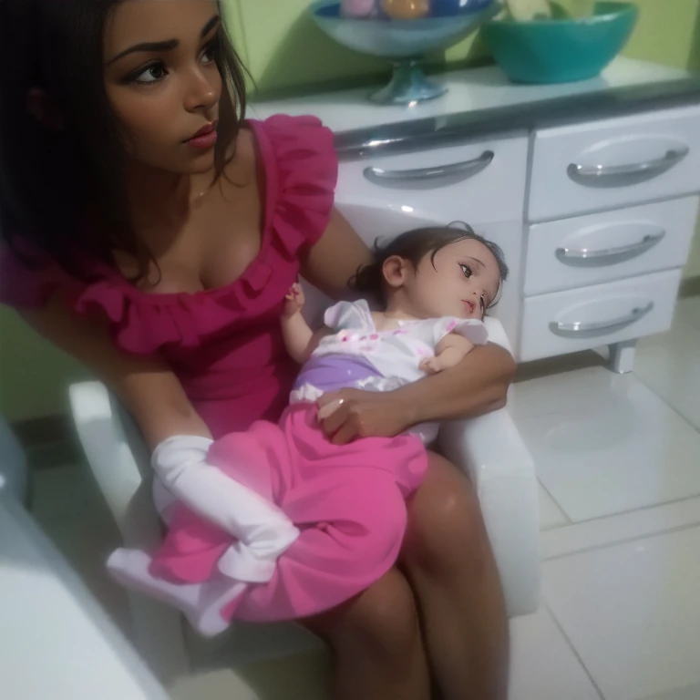 there is a woman holding a baby in a pink dress, 3 Brazilian mother of 5 years, babies on her lap, por Willian Murai, bem editado, imagem de qualidade muito baixa, with a child, powder Nándor Katona, me ajude, not blurry, muito animado, upload de alta qualidade, foto de baixa qualidade