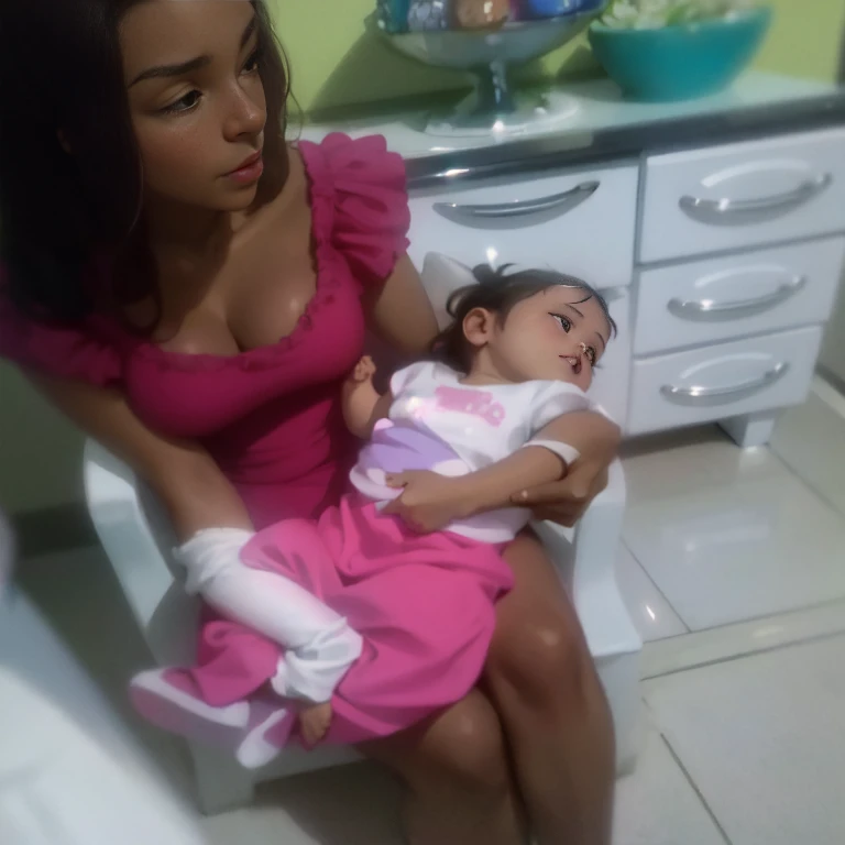 there is a woman holding a  in a pink dress, 3 Brazilian mother of 5 yearbies on her lap, por Willian Murai, bem editado, imagem de qualidade muito baixa, with a child, poNándor Katona, me ajude, not blurry, muito animado, upload de alta qualidade, foto de baixa qualidade