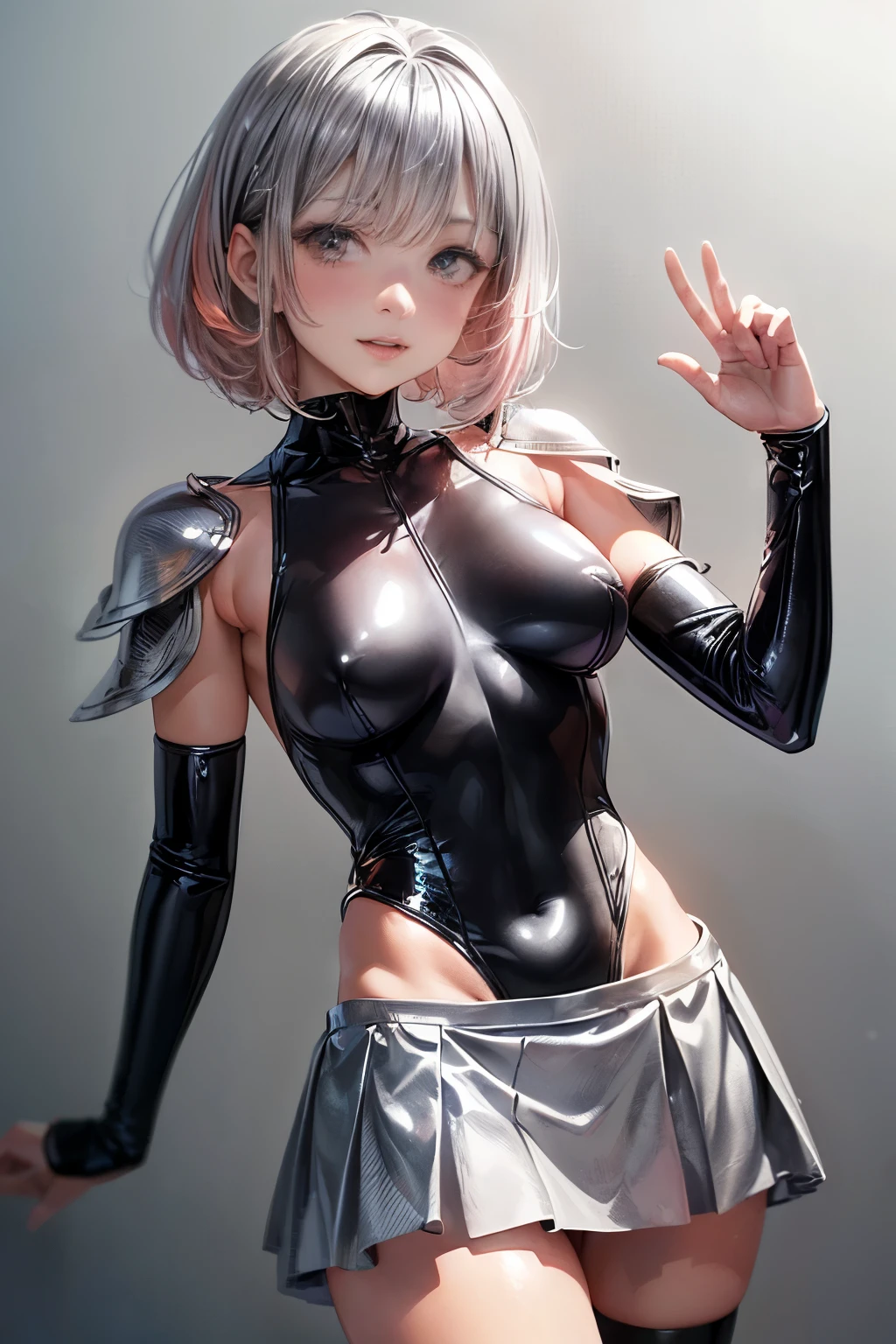 NSFW, anime, sexy, ((costume is made of metal:1.5)), ((京都animeーション風に:1.5)), ultra precision, masterpiece, very very beautiful, princess face, ((1 woman)), ((alone:1.5)), ((pink hair:1.5)), ((bob cut 1.5)), break, ((black eye)), short hair, ((straight hair)), break, ((The costume is silver:1.5)), break, ((Taimanin suit:1.5)), break, ((black leotard:1.5)), break,  (thigh boots), professional lighting, (25 years old), tight waist, shiny skin, ((oily skin)), glowing skin, looking at the viewer, cowboy shot, dynamic pose, looking at camera, sexy, slight smile, slightly open mouth, ((cute)), ((silver costume:1.5)), (metal breastplate), ((armを後ろに回す)), super detailed face, ((skirt:1.5)), ((thin lips:1.5)), sexy, ((droopy eyes)), (big breasts), ((silver costume:1.5)), latex, sexy, ((model pose)), ((shoulder)), ((arm)), ((hand)), ((thigh)),