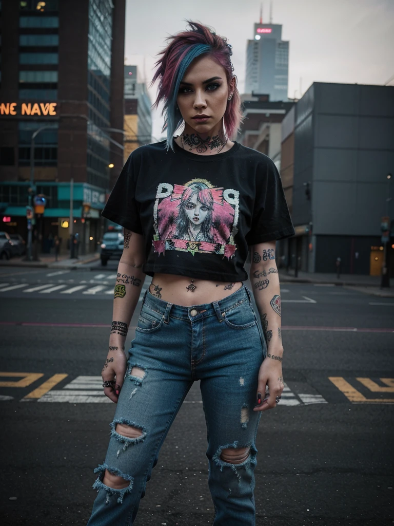 alternative girl,illustration,bright hair,colorful tattoos,piercings,grunge style,edgy makeup,distressed jeans,band t-shirt,vintage boots,fierce expression,confident pose,foggy background,city skyline,neon lights,dark and moody colors,soft ambient lighting