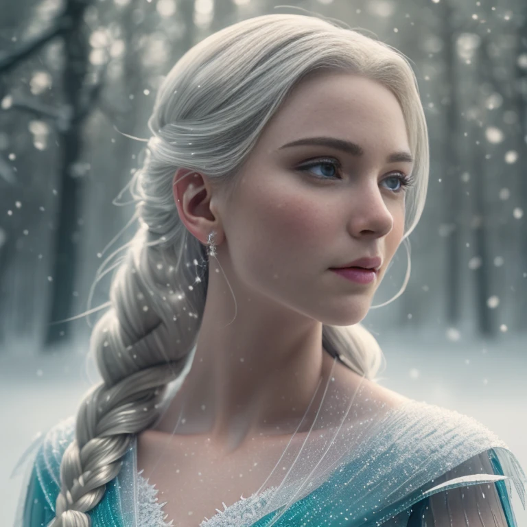 Very Close-up of disney elsa, wet pale skin , first snow, flakes, partial snow cover, cinematic film still, breathtaking, Falling frozen leaves, melancholic mood, papery texture,  nature's whispered farewell in rustling gusts, photo-realism, film grain, film still, bokeh, intricately detailed, , perfect composition, beautiful detailed intricate insanely detailed octane render trending on artstation, 8 k artistic photography, photorealistic concept art, soft natural volumetric cinematic perfect light, chiaroscuro, award - winning photograph, masterpiece, oil on canvas, raphael, caravaggio, greg rutkowski, beeple, beksinski, giger