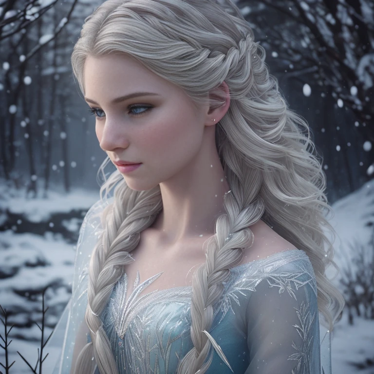 Very Close-up of disney elsa, wet pale skin , first snow, flakes, partial snow cover, cinematic film still, breathtaking, Falling frozen leaves, melancholic mood, papery texture, nature's whispered farewell in rustling gusts, photo-realism, film grain, film still, bokeh, intricately detailed, , perfect composition, beautiful detailed intricate insanely detailed octane render trending on artstation, 8 k artistic photography, photorealistic concept art, soft natural volumetric cinematic perfect light, chiaroscuro, award - winning photograph, masterpiece, oil on canvas, raphael, caravaggio, greg rutkowski, beeple, beksinski, giger