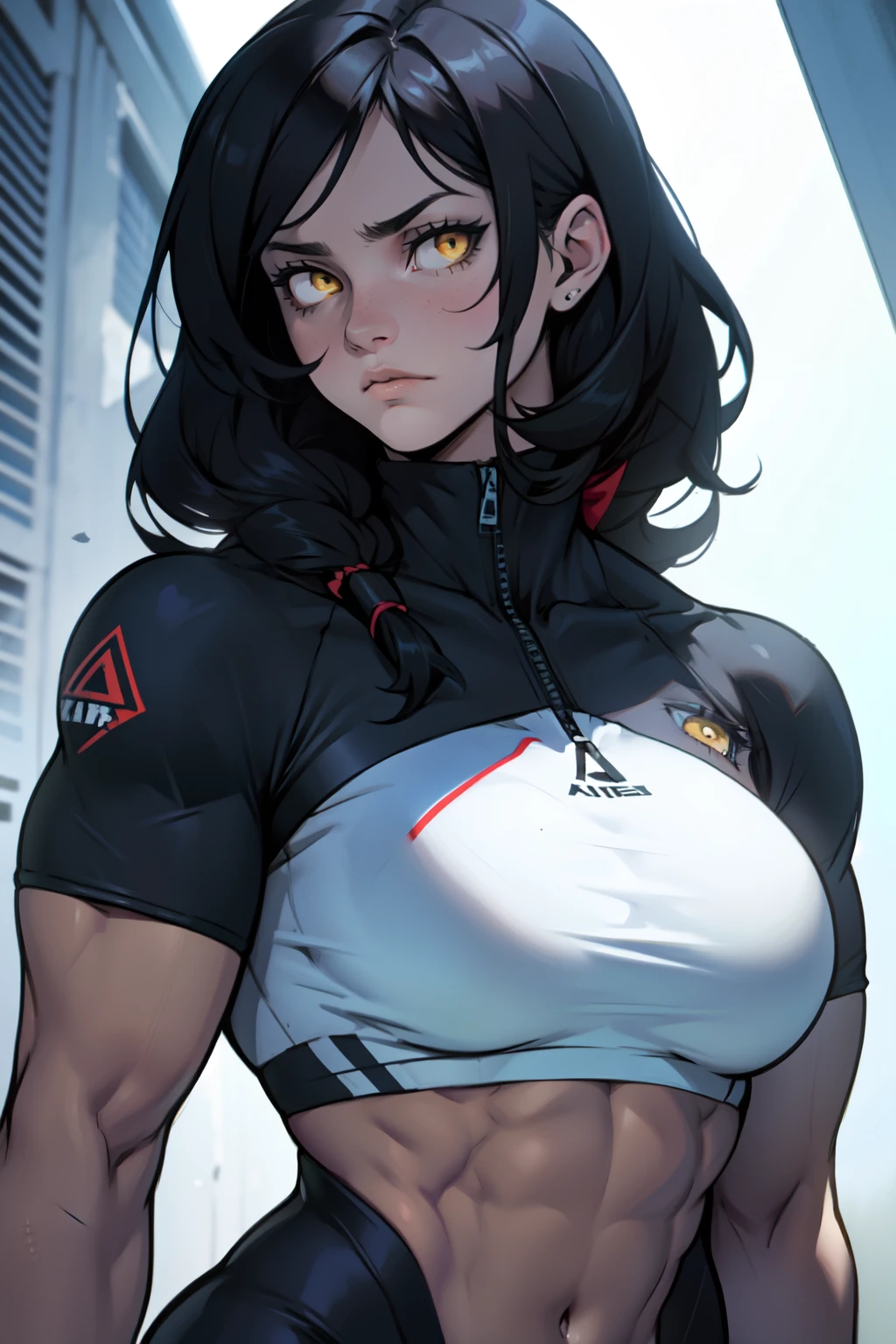 sad (((muscular girl large breasts thick))) pale skin black hair yellow eyes sweaty drop shadow waistup highly detailed detailed eyes detailed eyes detailed eyes