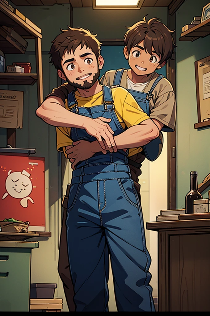 a ((LIGHT BROWN CHILD)) and a ((LIGHT BROWN ADULT)) of 48 years with a black beard hugging like brothers, the arm goes over the shoulders ((turning his back)) looking at the horizon in a mechanics workshop from a hill in overalls with work tools. The image must express joy, happiness, warmth, laugh out loud, its profile is from the side ((high quality)) ((definition)), vivid colors and deep details ((HDR)) type ((COMIC))