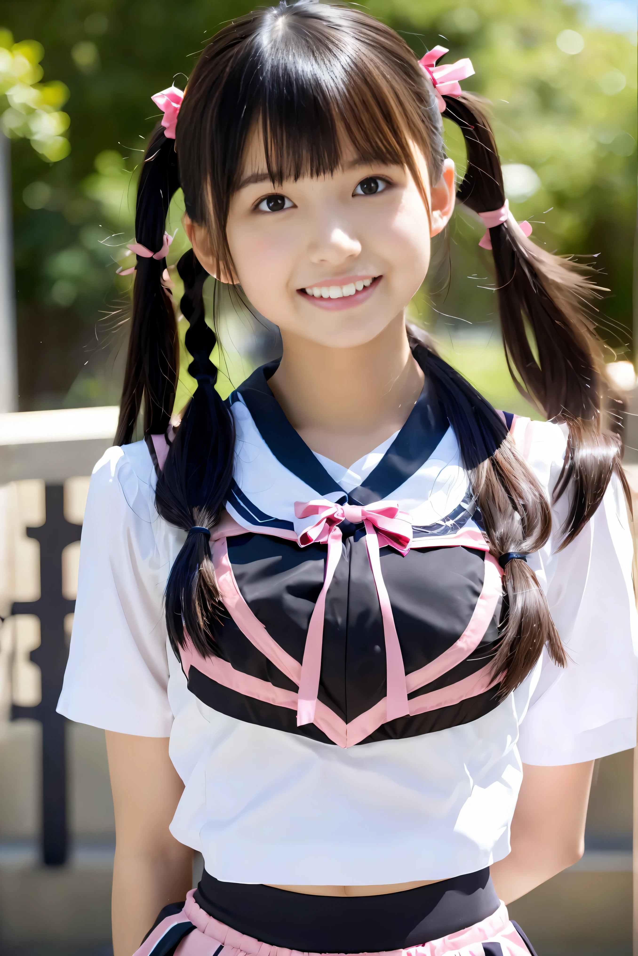 (Best Quality,4K,High resolution:1.2), Ultra-detailed, Realistic portrait, Best Quality, (outside japanese high school), (passionate scene),one very young looking high school girl, (intense emotion), (carp), (kiss:1.1), , (open eyes),(innocent look), student clothes, long black hair with bows and ribbons、Mini Pleated Skirt、(Stockings), standing, open mouth, (very big breasts), lingerie, pigtails, thin tiny waist, black and pink marching band uniform with bow, having fun, small body, big brown eyes, big cute smile, (full body, perfect long legs, looking up staring into camera, far away), muscular lean abs, (tight cropped blouse)