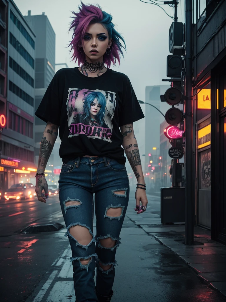 alternative girl,illustration,bright hair,colorful tattoos,piercings,grunge style,edgy makeup,distressed jeans,band t-shirt,vintage boots,fierce expression,confident pose,foggy background,city skyline,neon lights,dark and moody colors,soft ambient lighting