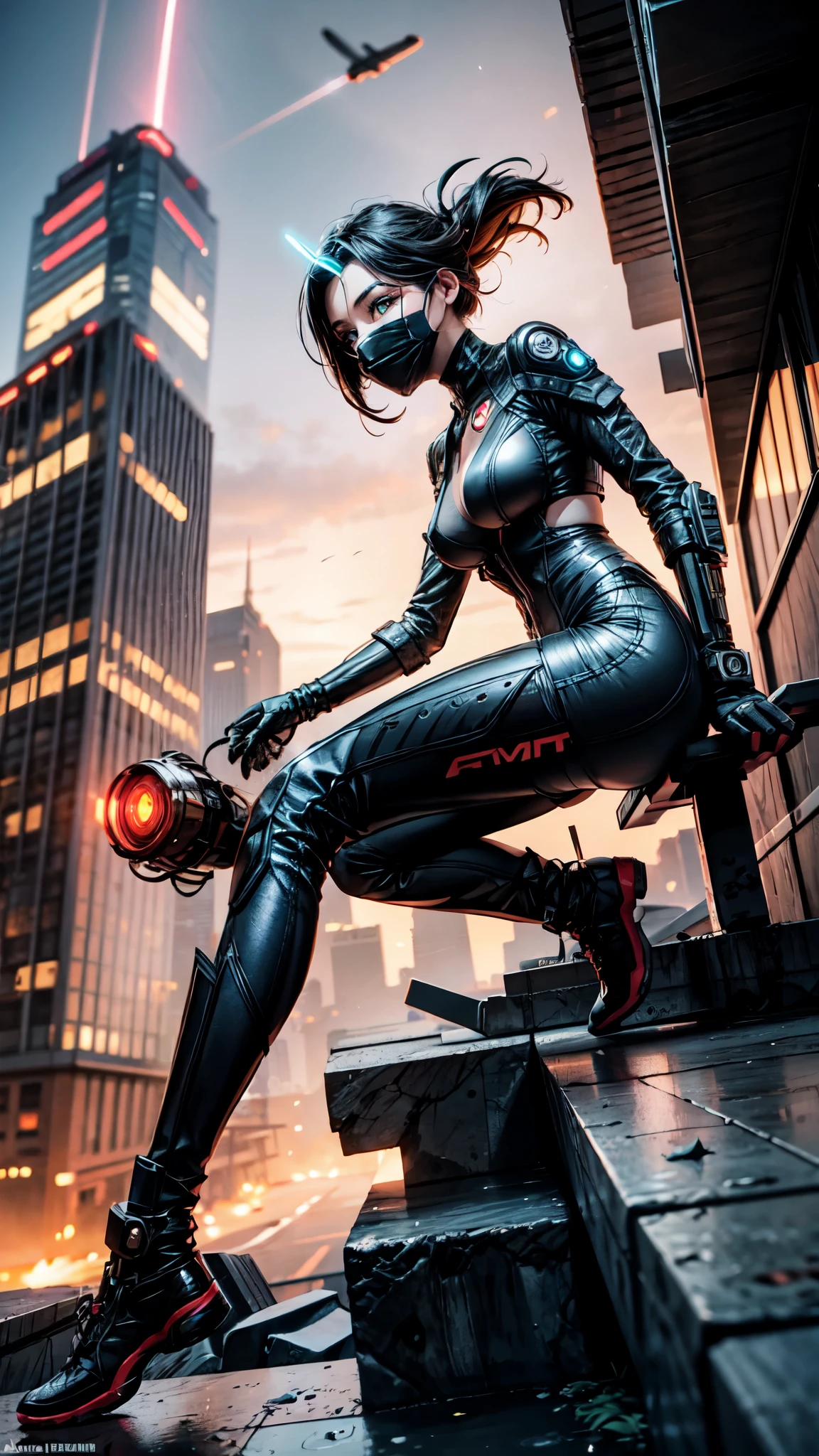 Masterpiece in high definition, futuristic style with steampunk elements. | In this futuristic scenario, a fearless woman advances with confidence through the urban environment. His futuristic jumpsuit, ornamented with pulsating light lines, highlights the harmony between technological aesthetics and his determination in the fight for nature. The cover displays rebellious symbols, emphasizing his role as a leader. The cyber mask enhances your determined eyes as it approaches the imposing energy tower. The metal structure, dominating the horizon, emanates intense light and technological activity, while the woman prepares to challenge the corporation and restore the balance between technology and nature in the floating city. | The composition enhances the determined attitude of the woman, with the cyber mask highlighting her expressive eyes. The intense lighting of the energy tower creates an atmosphere of challenge, highlighting the battle between technological and natural elements. | Futuristic scene of a fearless woman challenging a corporation in a floating city, highlighting the harmony between technological aesthetics and the struggle for nature. | {The camera is positioned very close to her, revealing her entire body as she adopts a dynamic_pose, interacting with and leaning on a structure in the scene in an exciting way} | ((perfect_pose):1), She is adopting a ((dynamic_pose as interacts, boldly leaning on a structure, leaning back in a dynamic way):1.3), ((full body)), ((hands_with_5_fingers):1), ((perfect_fingers):1), ((perfect_legs):1), better_hands, More_Detail.