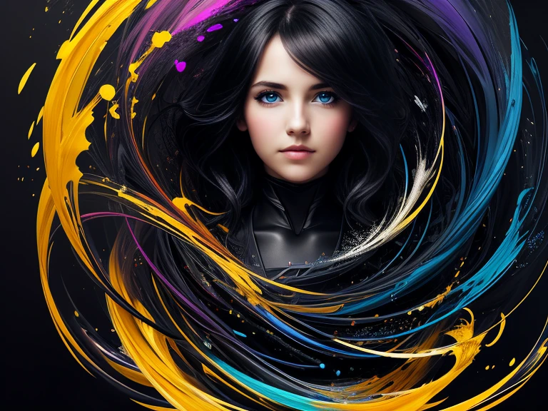 Colorful beautiful girl: a giru 28-years old, messy hair, oil painting, nice perfect face with soft skinice perfect face, blue yellow colors, light purple and violet additions, light red additions, intricate detail, splash screen, 8k resolution, masterpiece, cute face,artstation digital painting smooth veryBlack ink flow: 8k resolution photorealistic masterpiece: intricately detailed fluid gouache painting: by Jean Baptiste Mongue: calligraphy: acrylic: watercolor art, professional photography, natural lighting, volumetric lighting maximalist photoillustration: by marton bobzert:, complex, elegant, expansive, fantastical, wavy hair, vibrant, Best quality details, realistic, High definition, High quality texture, epic lighting, Cinematic film still, 8k, soft lighting, anime style, masterful playing card border, random Colorful art, oil painting, blue yellow colors, light purple and violet additions, light red additions, intricate detail, splash screen, 8k resolution, masterpiece, artstation digital painting smooth veryBlack ink flow: 8k resolution photorealistic masterpiece: intricately detailed fluid gouache painting: by Jean Baptiste Mongue: calligraphy: acrylic: watercolor art, professional photography, natural lighting, volumetric lighting maximalist photoillustration: by marton bobzert:, complex, elegant, expansive, fantastical, vibrant, ((dark plain black background:1.4))