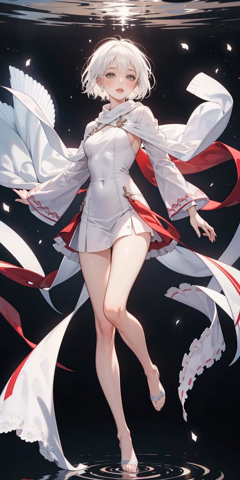 full-body close-up, create an elegant atmosphere), white short skirt, white hair shawl, graceful flowing, elegant movements, lustful smirking smile expression (red blush), floating in the air, (1girl), slim figure)