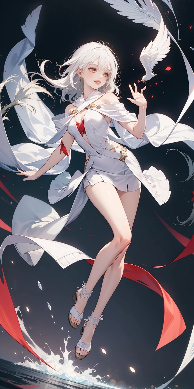 full-body close-up, create an elegant atmosphere), white short skirt, white hair shawl, graceful flowing, elegant movements, lustful smirking smile expression (red blush), floating in the air, (1girl), slim figure)
