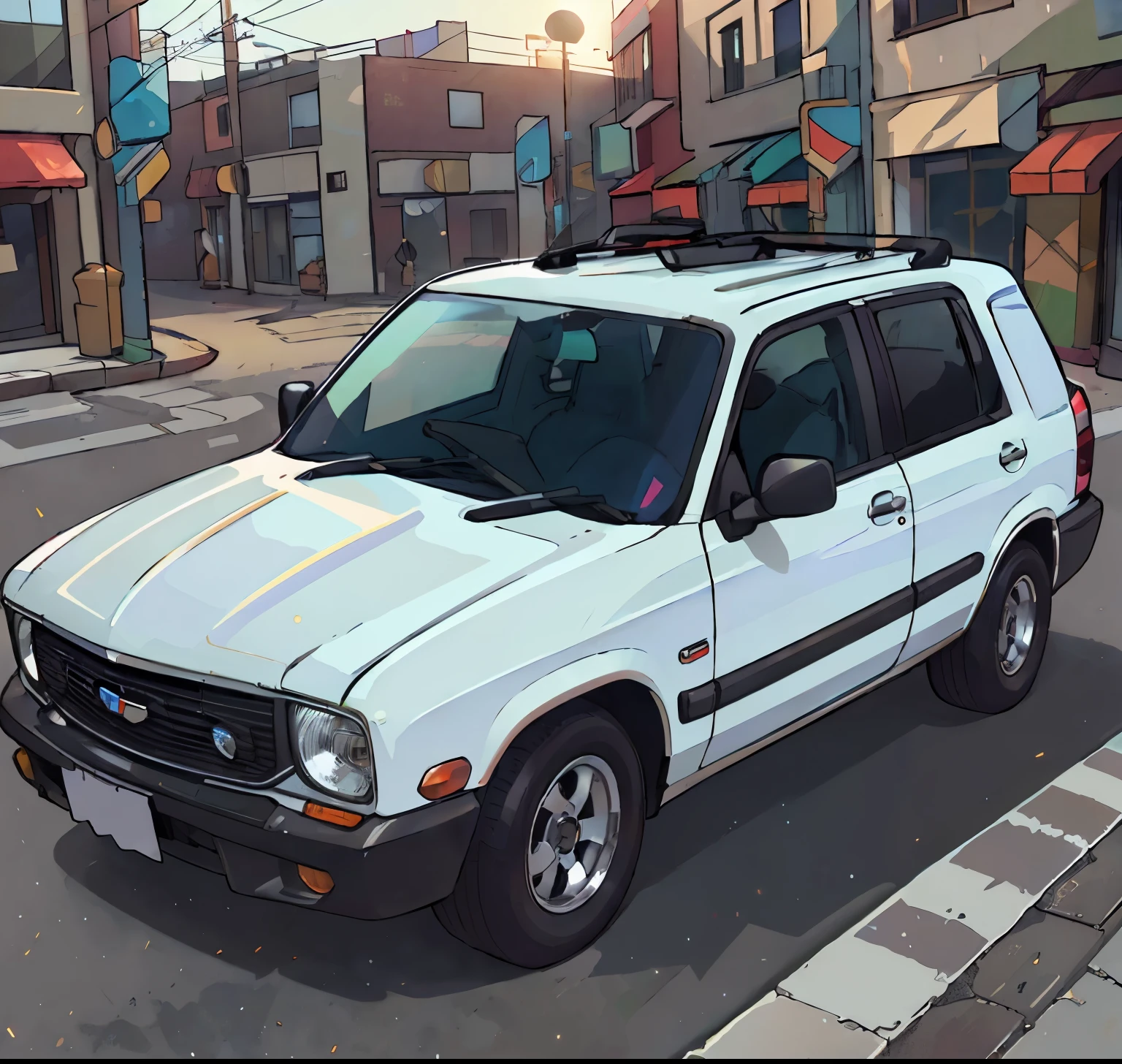 (best quality,highres),shiny SUV with vibrant colors, realistic rendering, detailed features, bright sunlight, urban background, bustling street, stylish accessories, detailed car interior, rearview mirror, polished metal surfaces, professional photo quality