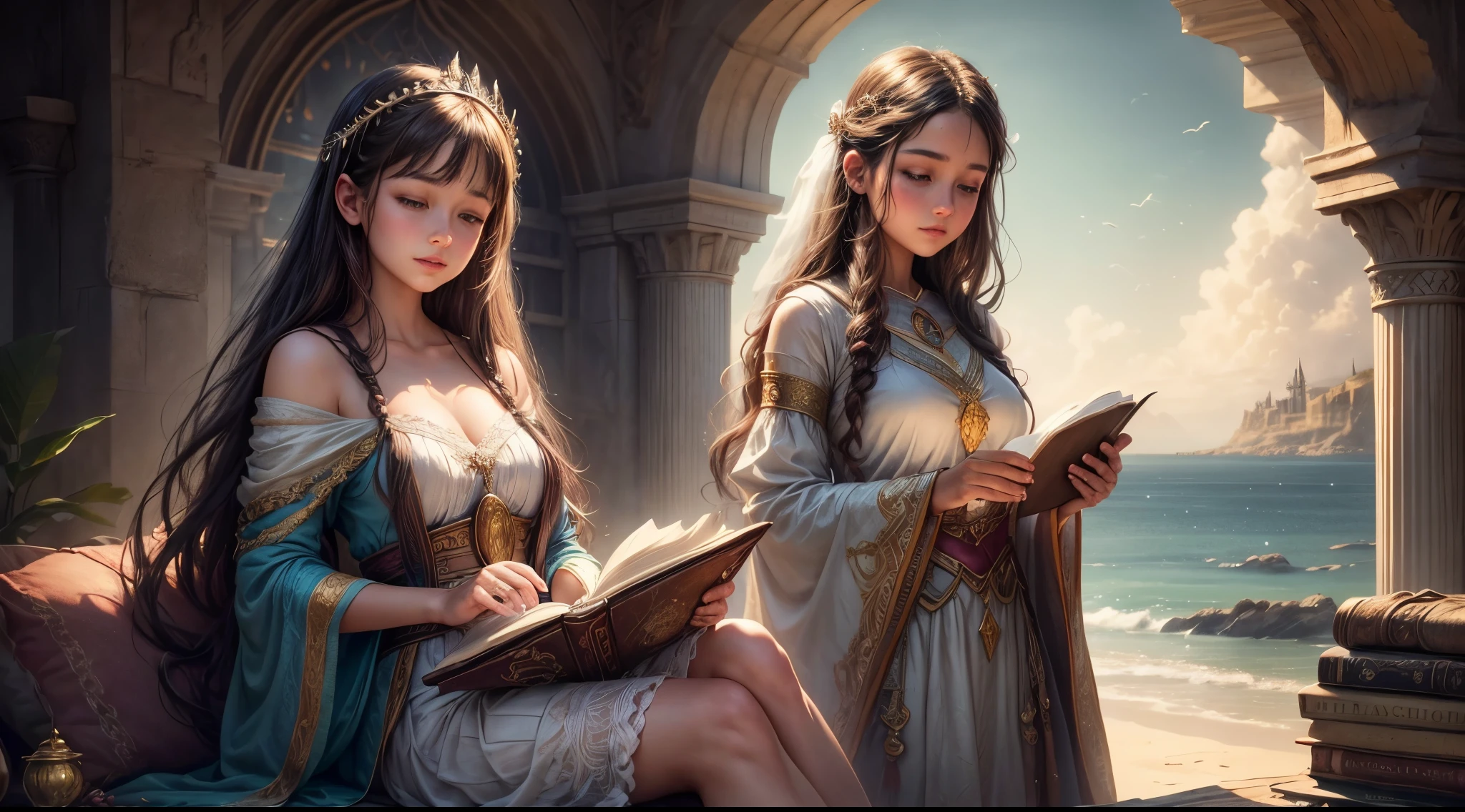 "A realistic photograph of a girl, adorned in enchanting attire, holding an ancient-looking book against the backdrop of a serene seascape. The magic in the air is palpable, accentuated by the soft play of light and shadow. The image merges fantasy and reality, making it an ideal cover for a magical adventure novel."