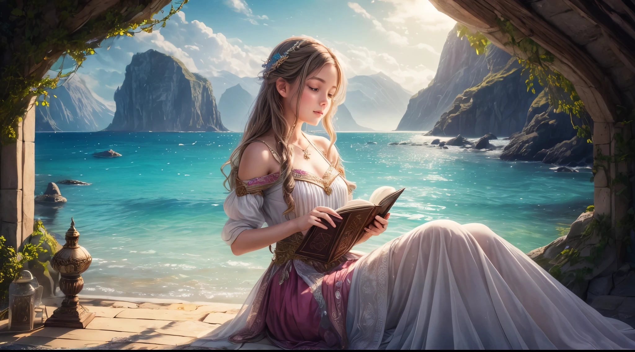 "A realistic photograph of a girl, adorned in enchanting attire, holding an ancient-looking book against the backdrop of a serene seascape. The magic in the air is palpable, accentuated by the soft play of light and shadow. The image merges fantasy and reality, making it an ideal cover for a magical adventure novel."