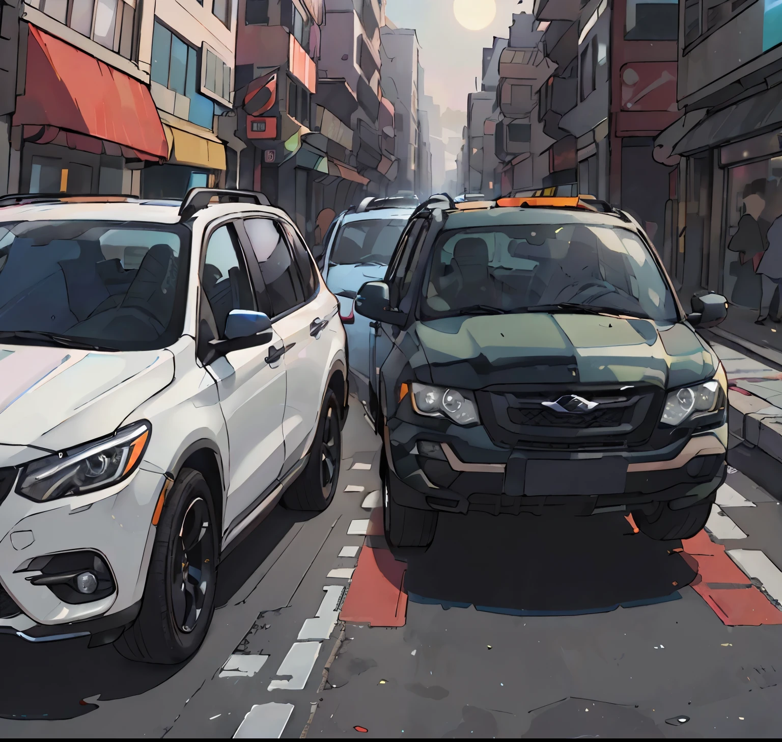 (best quality,highres),shiny SUV with vibrant colors, realistic rendering, detailed features, bright sunlight, urban background, bustling street, stylish accessories, detailed car interior, rearview mirror, polished metal surfaces, professional photo quality