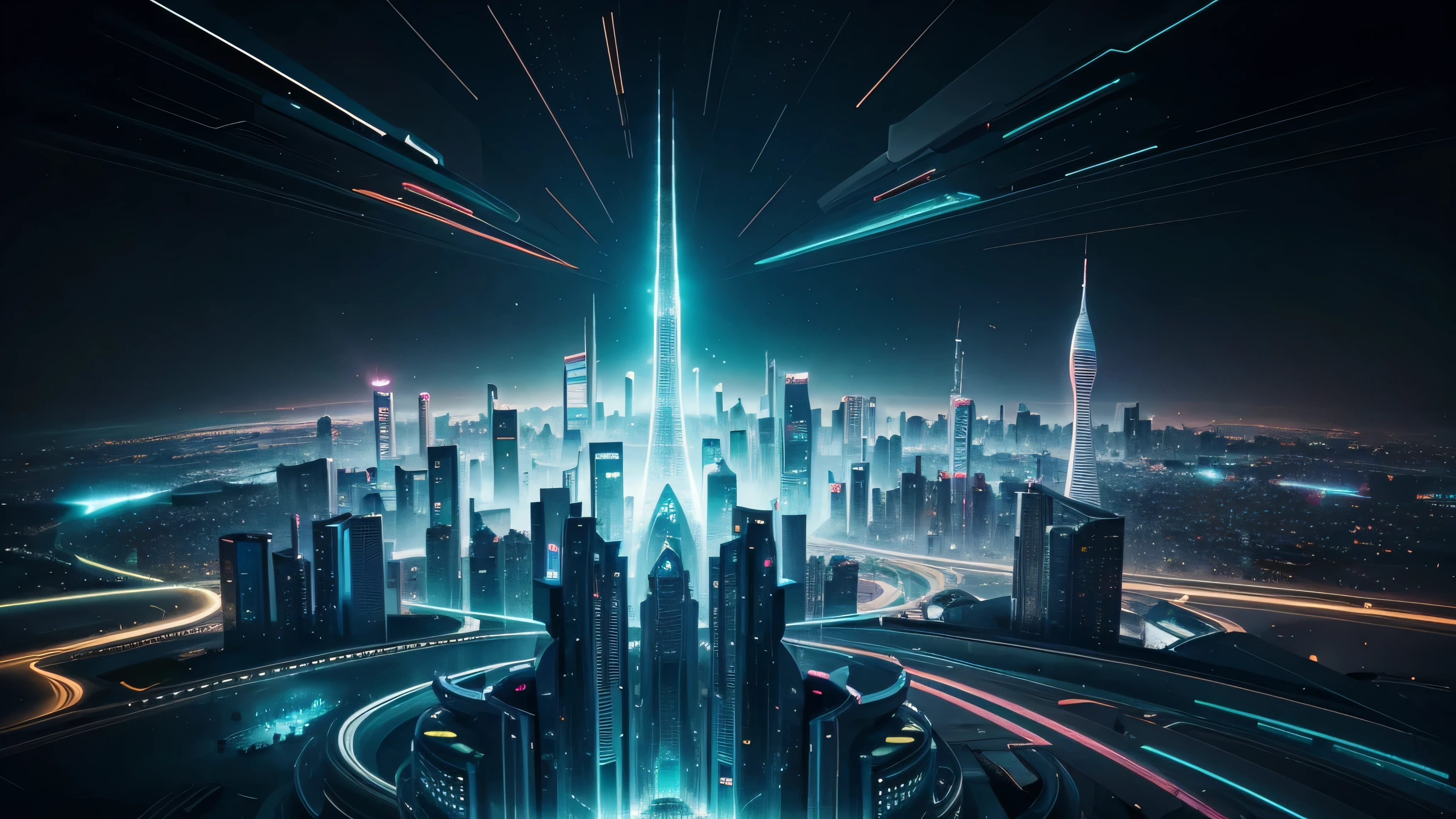futuristic city, landscape, light abstraction, Cover art with light abstraction, vector art, Contemporary Chinese art, Gradient of color, Soft color palette, layered forms, Whimsical animation, The style is ethereal and abstract