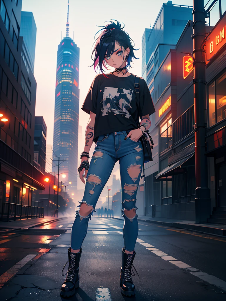 alternative girl,illustration,bright hair,colorful tattoos,piercings,grunge style,edgy makeup,distressed jeans,band t-shirt,vintage boots,fierce expression,confident pose,foggy background,city skyline,neon lights,dark and moody colors,soft ambient lighting