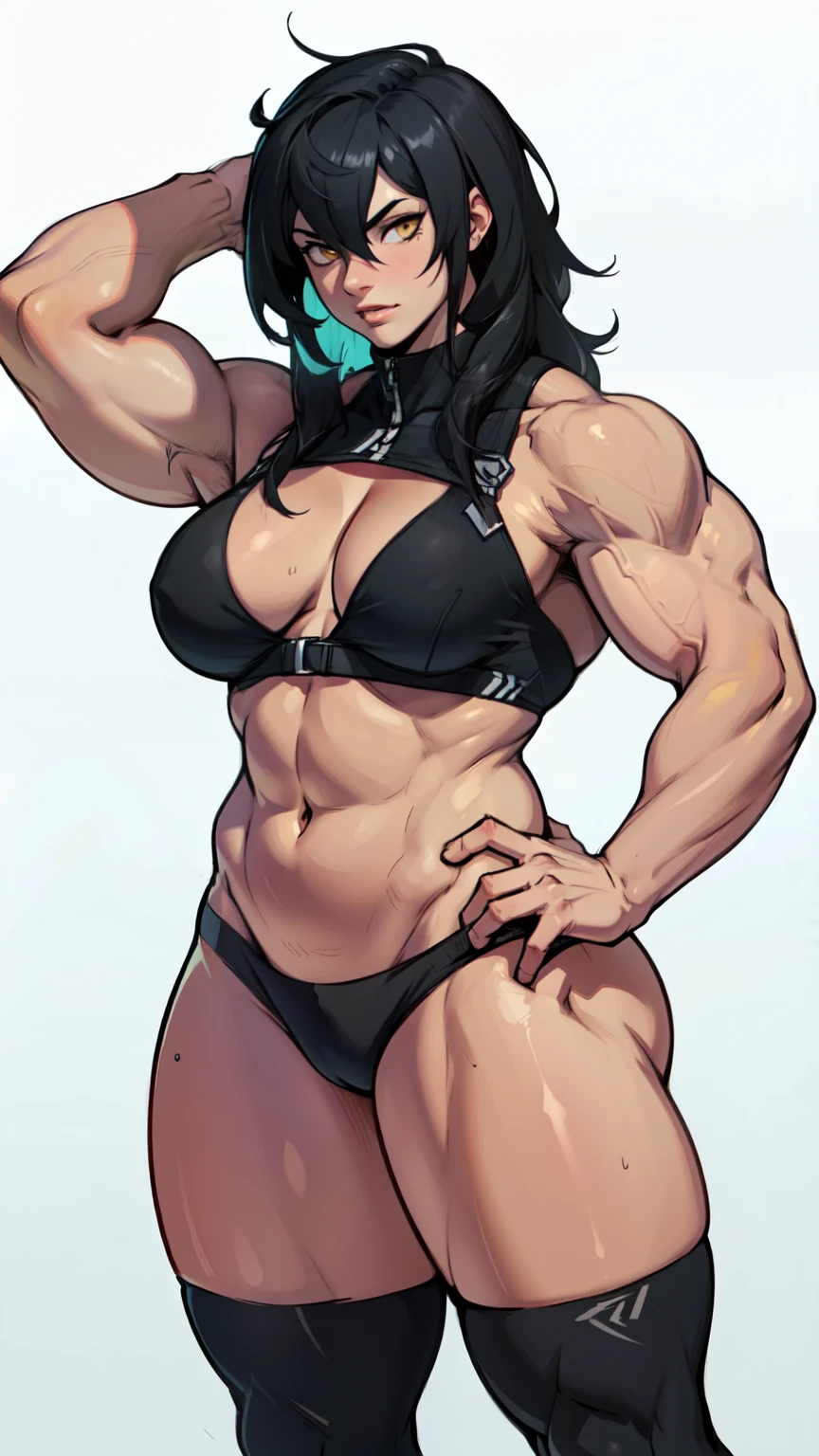 girl solo standing (((muscular girl toned body large breasts thick))) yellow eyes black hair pale skin perfect anatomy perfect anatomy perfect anatomy best quality best quality