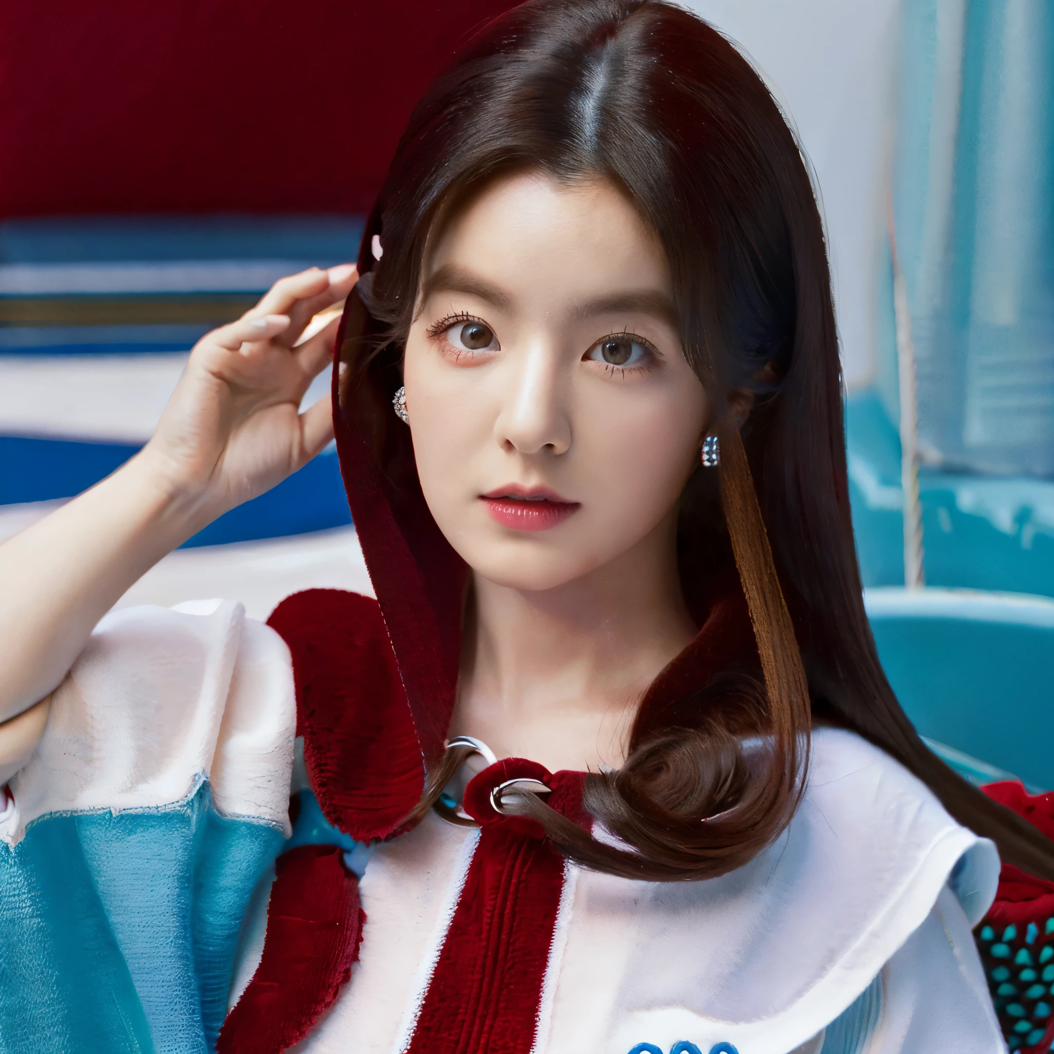 Irene integrante de red velvet, cabello largo negro con ojos azules claros, cuerpo completo, con caderas grandes, senos grandes y culo grande, Nursing clothing 