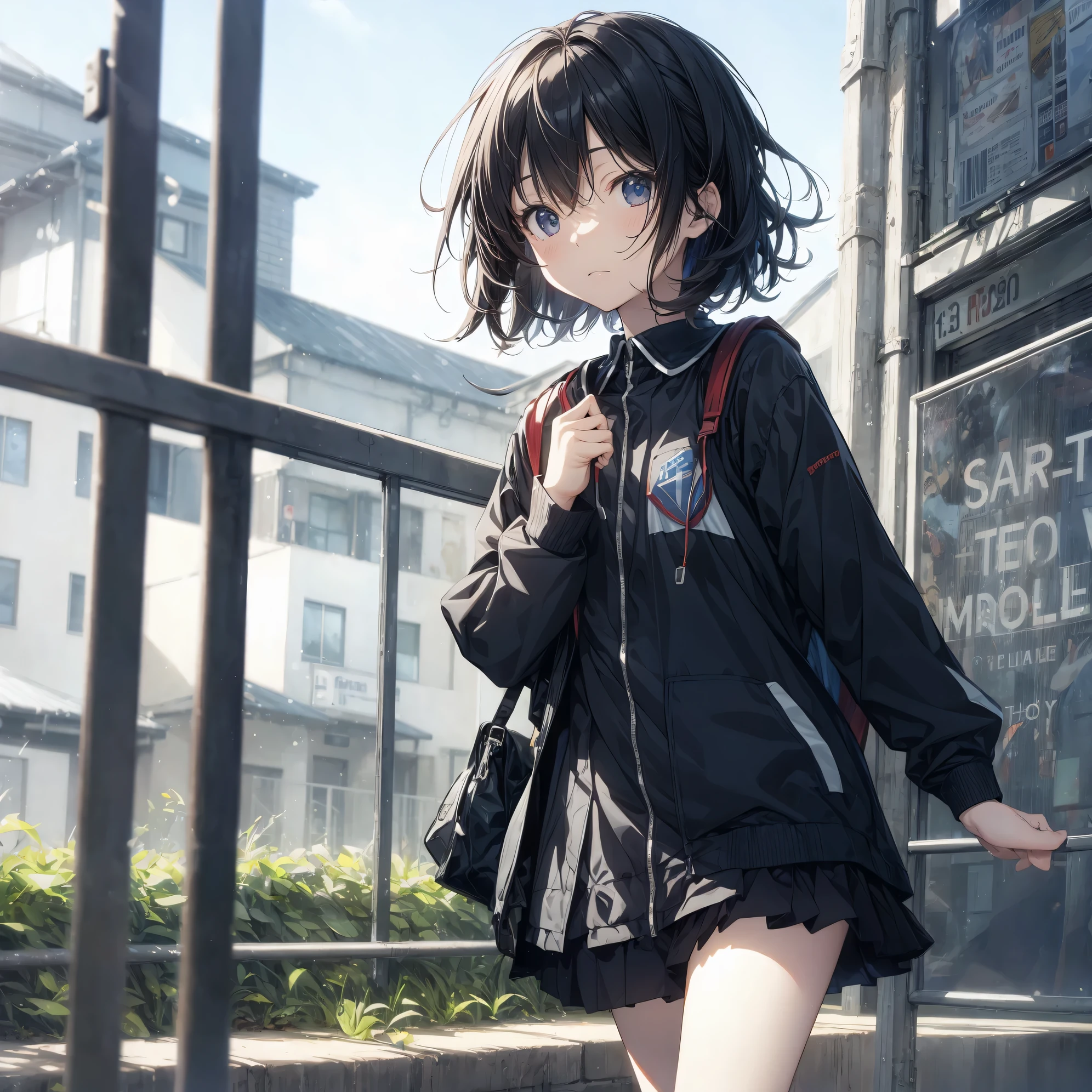 ultra-Top-quality by art God, ultra-detailed, high resolution, shinkai makoto style, anime moe artstyle, best anime 8k konachan wallpaper, pixiv contest winner, perfect anatomy, break,(Please draw a girl walking sleepily to school alone. ),break, a hyperrealistic schoolgirl, (Solo,Loli,,13-ye-ol3),Fulimbs, complete fingers,a junior high sccharm, (Very very Short hair), messy hair, flat soft chest, Small butt, groin, Small eyes,beautiful detailed black eyes, well-proportioned iris and pupils, disgusted eyes, highres detailed hair, school Uniform, skirt, in the School commute route. break,super detailed skin, Best lighting powered by famous artist, 8k, illustration,