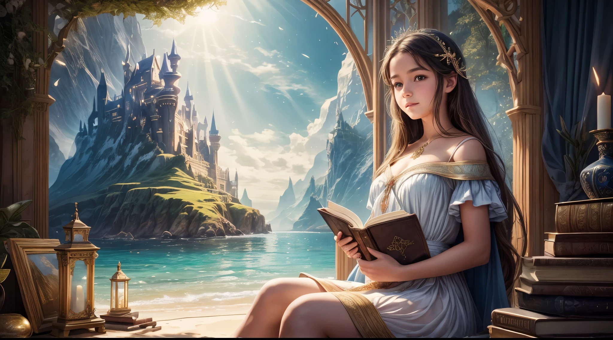 "A realistic photograph of a girl, adorned in enchanting attire, holding an ancient-looking book against the backdrop of a serene seascape. The magic in the air is palpable, accentuated by the soft play of light and shadow. The image merges fantasy and reality, making it an ideal cover for a magical adventure novel."