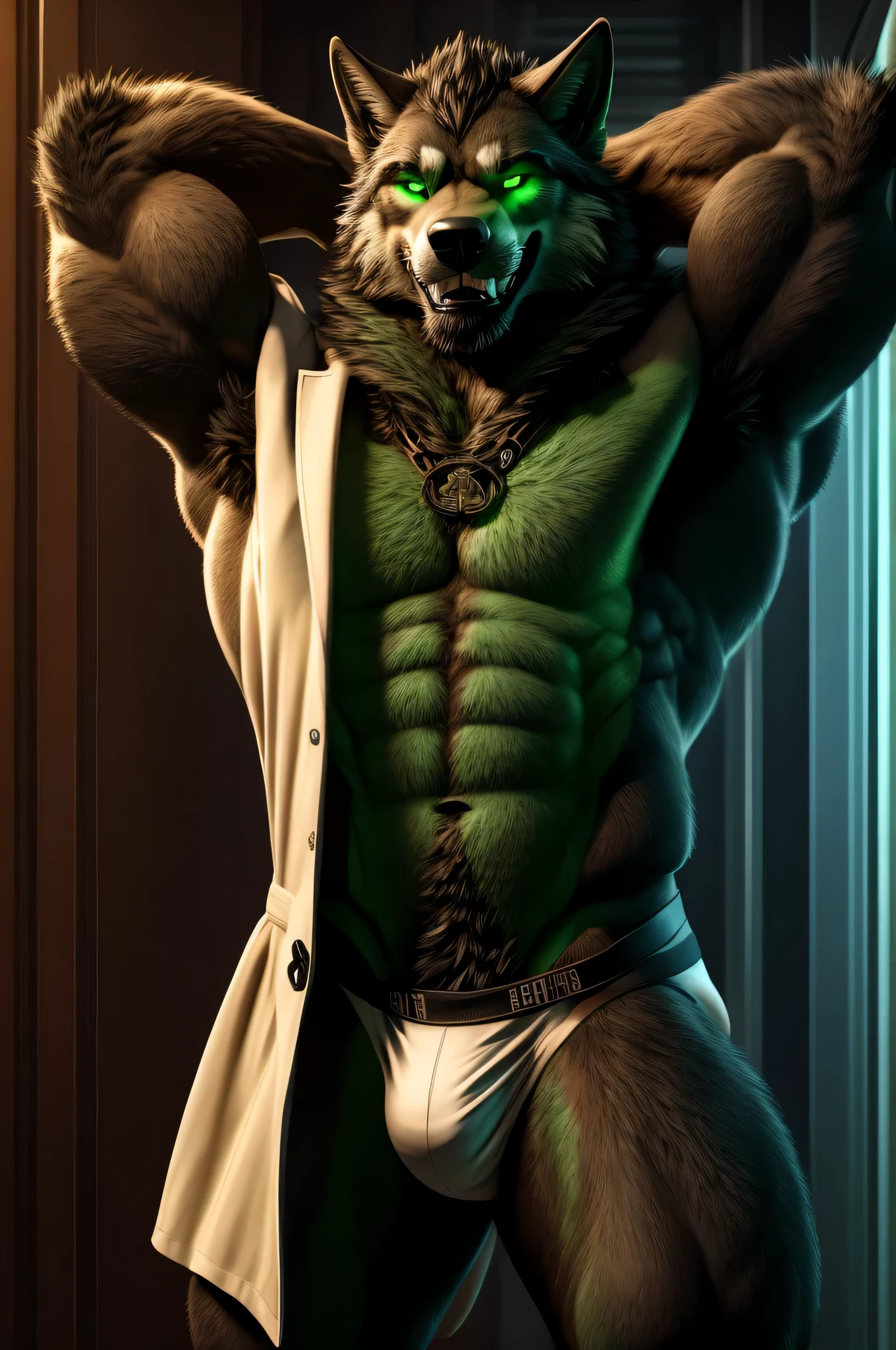 Muscular  anthropomorphic blackfurred wolf daddy, naked except for a green jockstrap and an unbuttoned labcoat with a biohazard symbol on it, green torso fur, glowing green eyes, sly seductive grin, side-eying view, handsome pose, full body, hands behind head, intricate, sharp focus, best quality